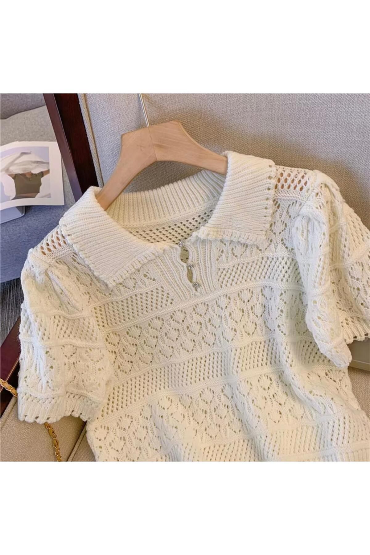 Foxstep Ajurlu Gümüş Düğme Detaylı Triko Kadın Tshirt
