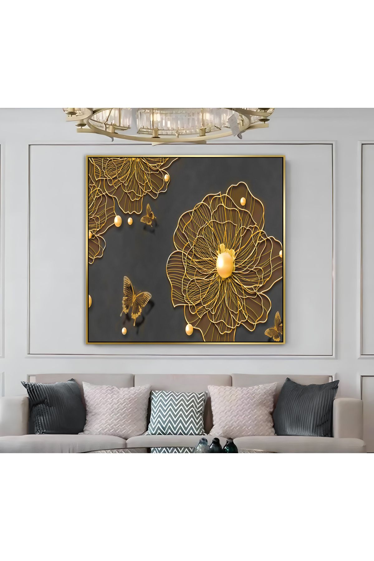 Harikabirev HARİKABİREV|METAL ÇERÇEVELİ KANVAS TABLO GOLD SOYUT ÇİÇEK MODELİ |CKKARE