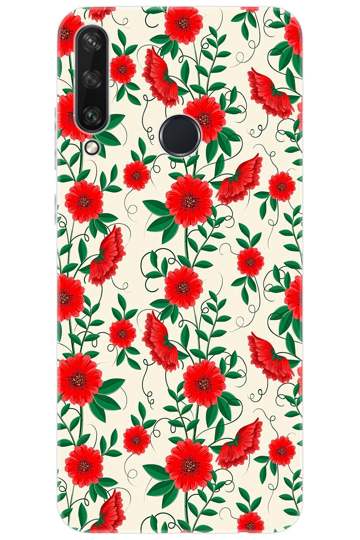 Ceppare Huawei Y6P (MED-LX9N) Uyumlu Kılıf Desen Baskılı Silikon Kırmızı Çiçekler STK:717 CP-6ocw7DT