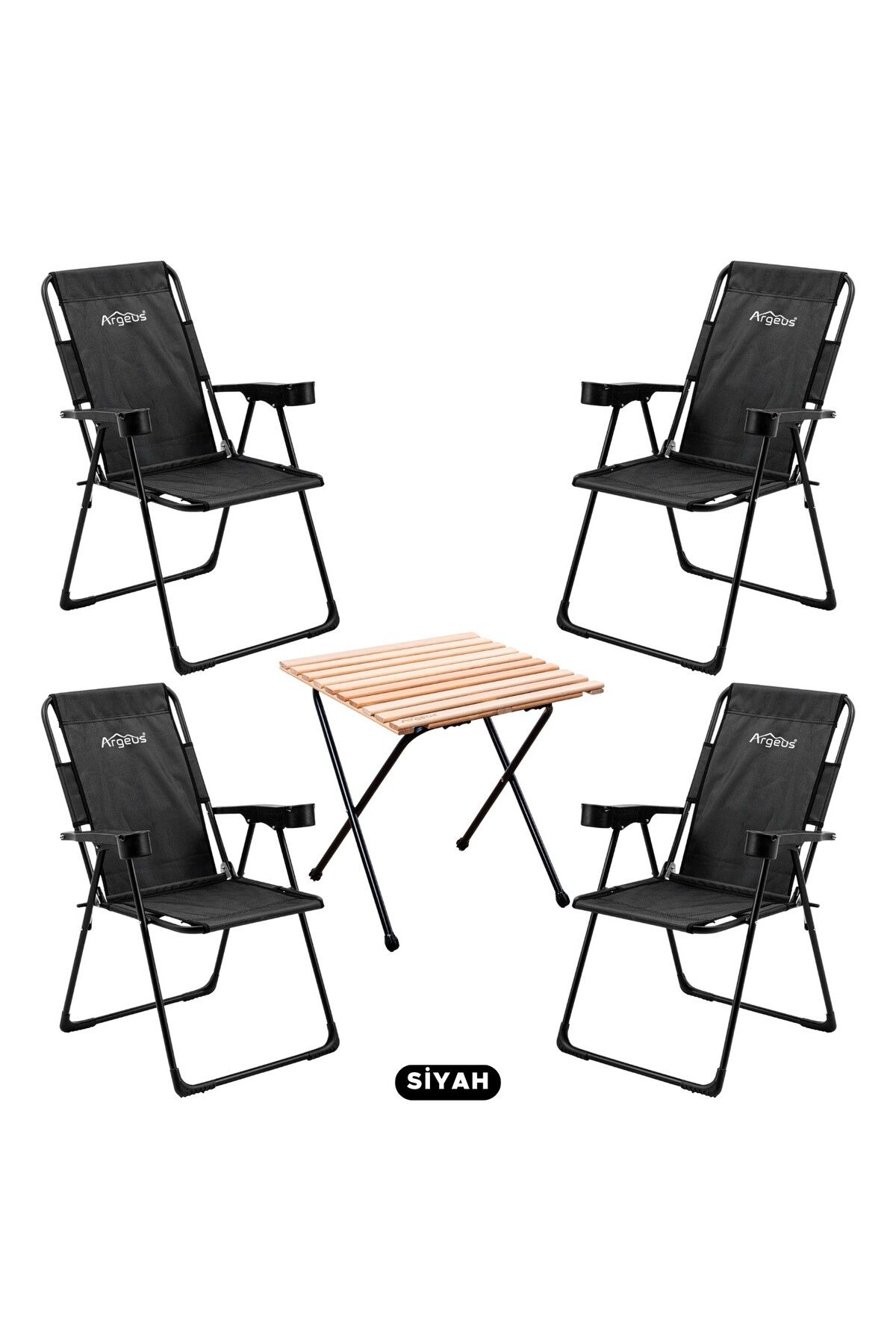ARGEUS 4 Adet Katlanır Kamp Sandalyesi ve Masa Seti - Rest - Siyah - 130 KG Taşıma