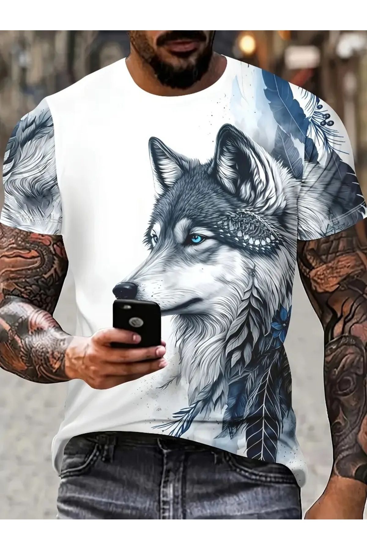 KURT 3 Boyutlu Kurt Baskılı T-Shirt