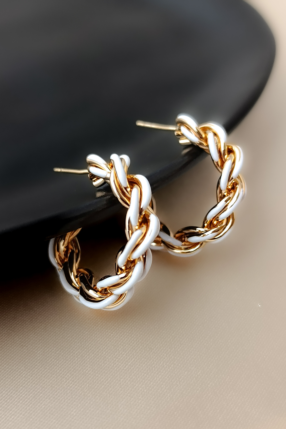 COSİTA-Gold White Transitional Spiral Zircir Stylish Hoop Earrings 3