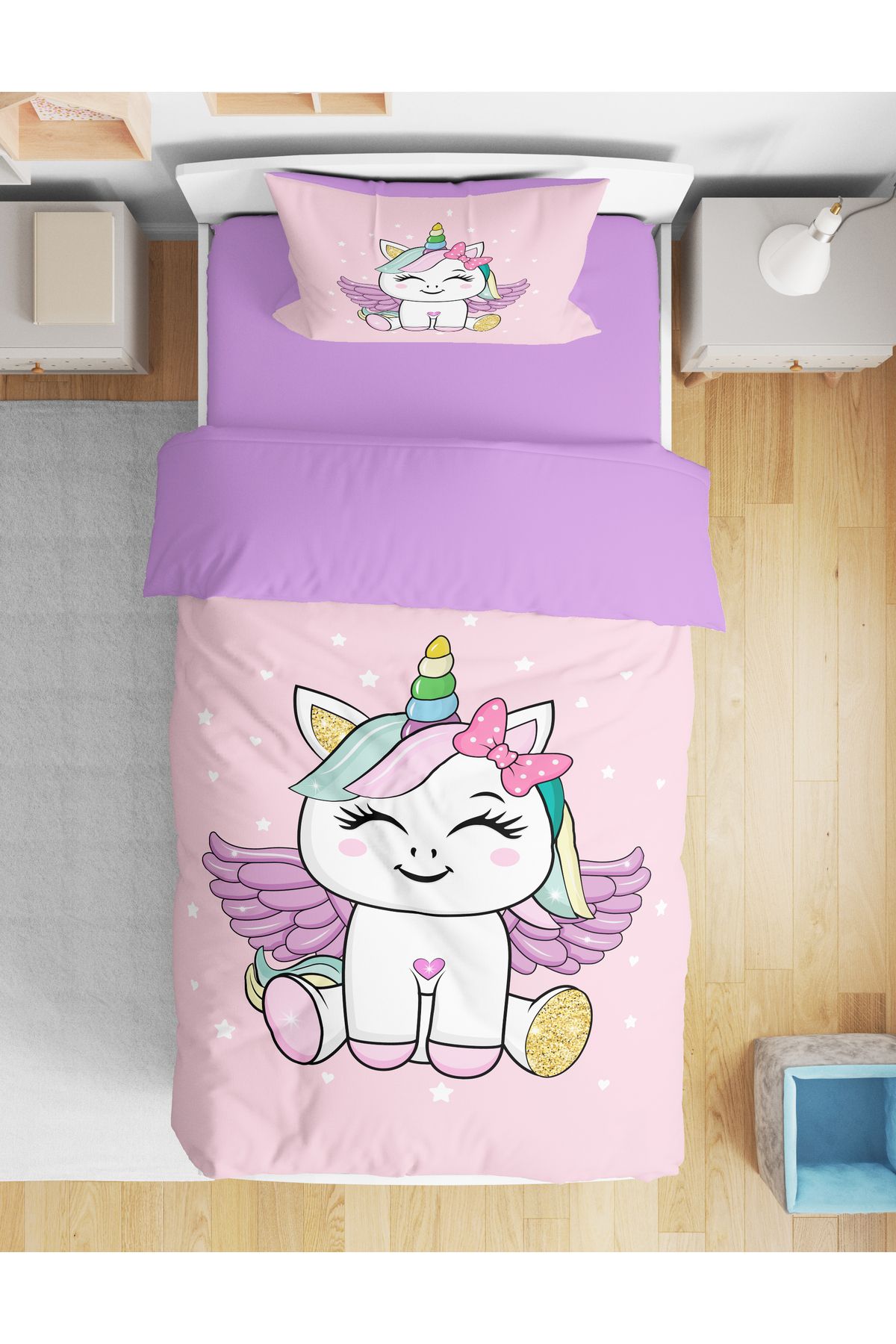 Erays Home Sevimli Unicorn 3D Dijital Baskılı Tek Kişilik Nevresim Takımı Kız Çocuk Nevresim Takımı