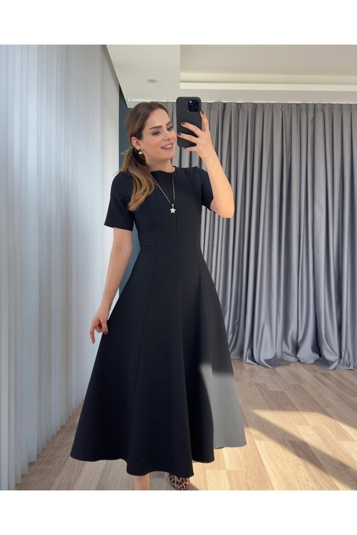 Monapera Bisiklet Yaka Kısa Kollu Maxi Boy Elbise