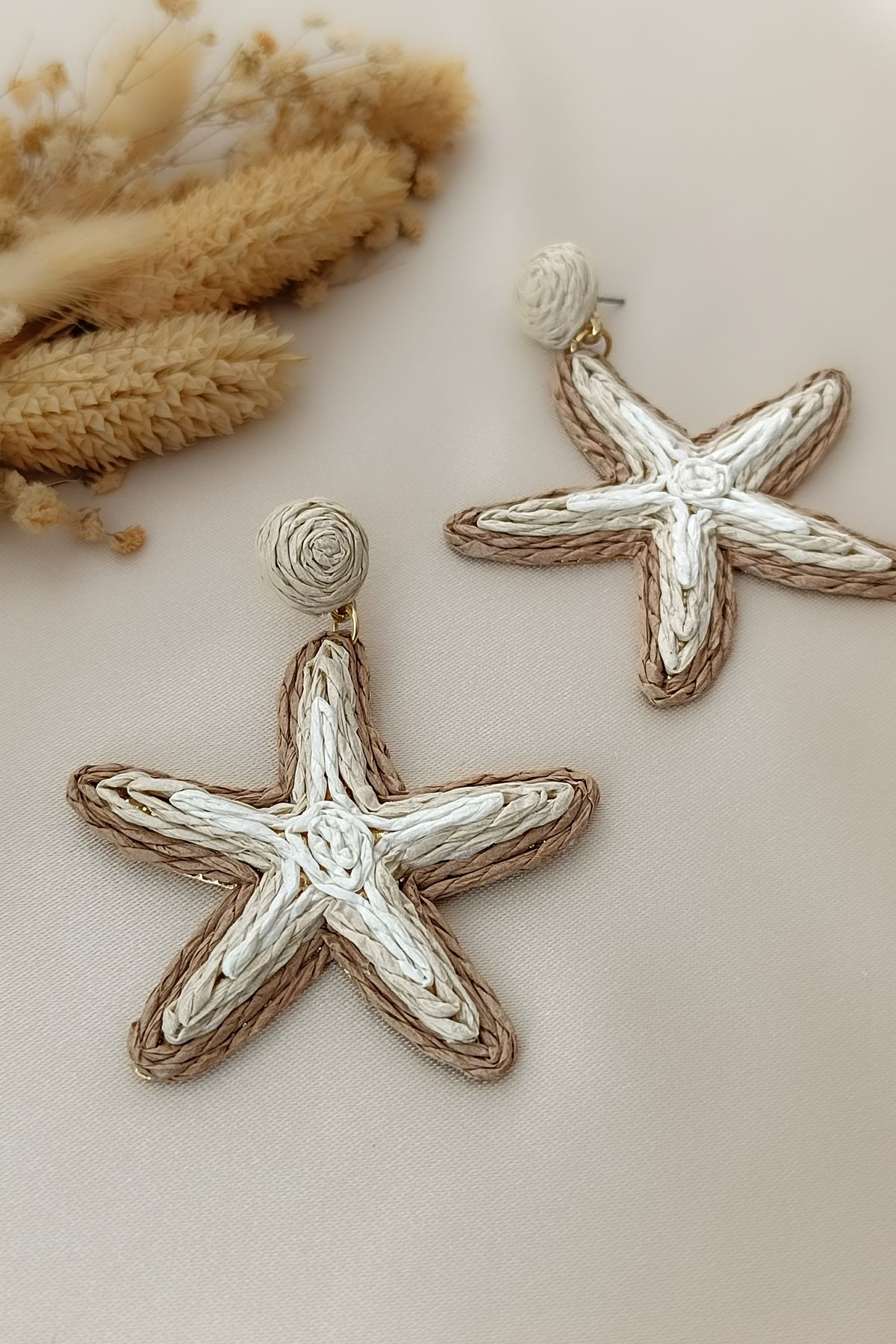 COSİTA-Starfish Large Size Coffee Cream Straw Earrings 3