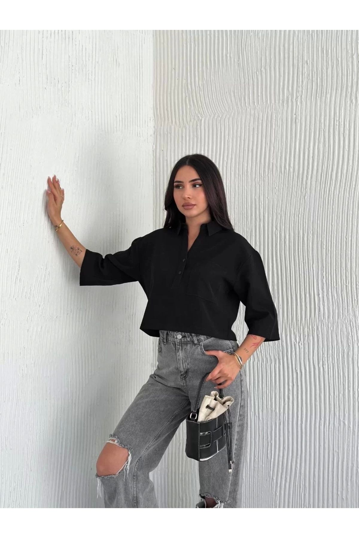noyo giyim Kadın Crop Yakalı Gömlek Üç Çeyrek Sleeve Kol - Siyah