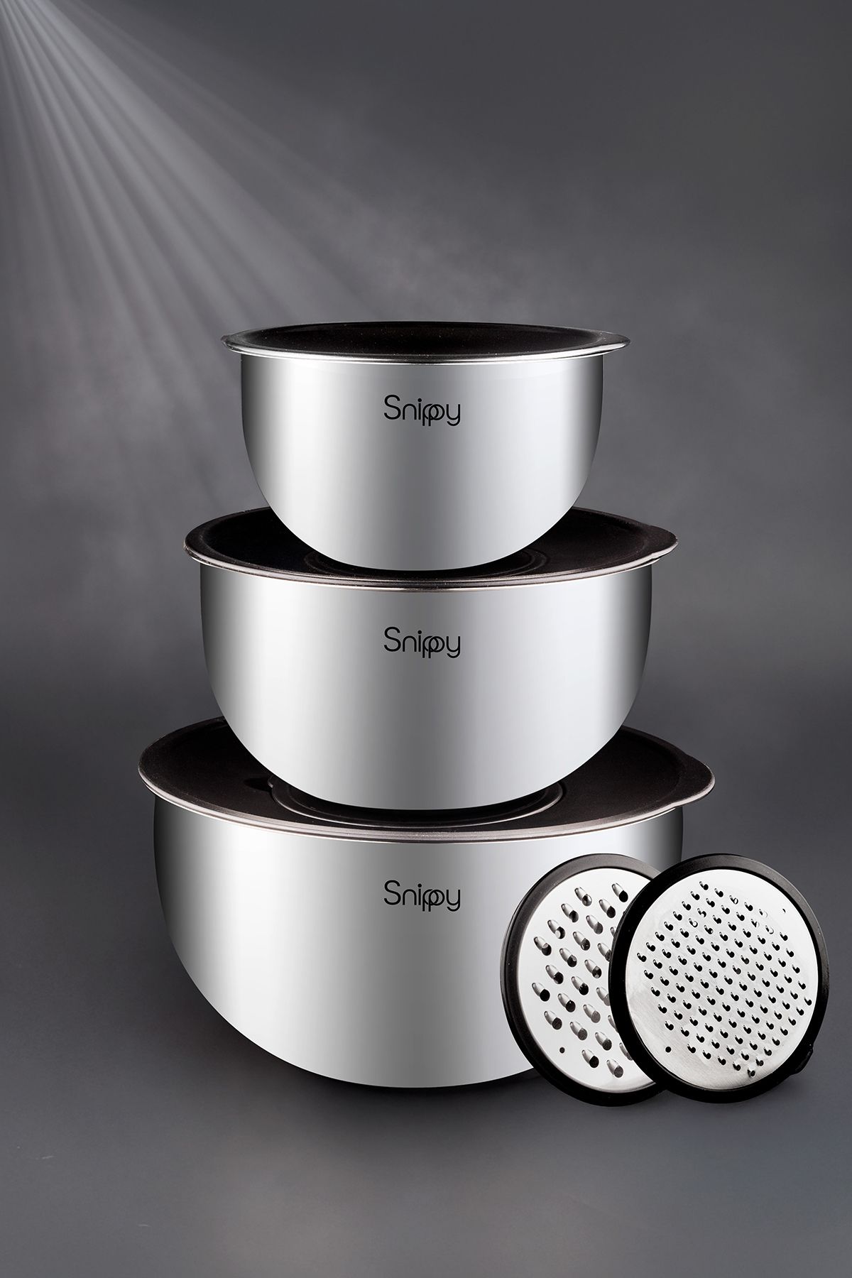 Snippy Inoxa - 9 Parça Rendeli Paslanmaz Çelik Karıştırma ve Saklama Kabı Takımı (16-20-24 cm)