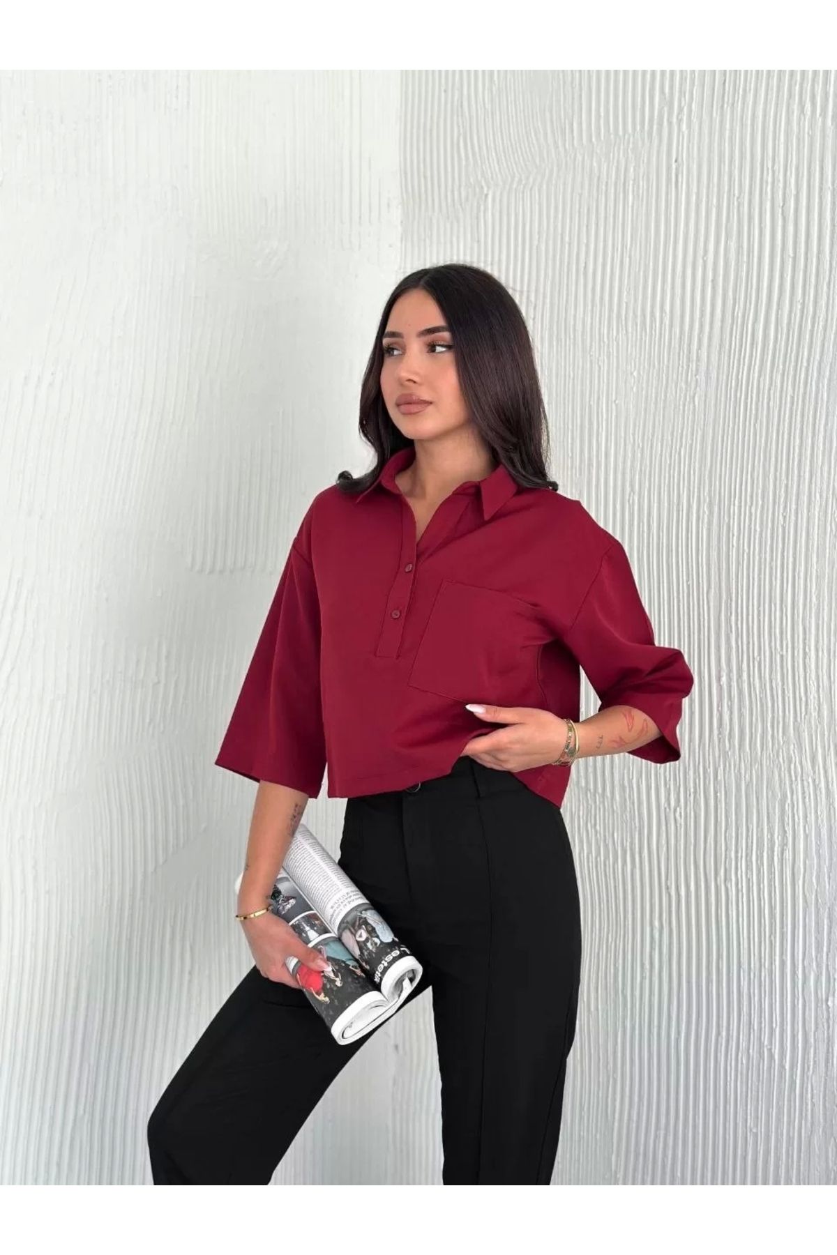 noyo giyim Kadın Crop Yakalı Gömlek Üç Çeyrek Sleeve Kol - Bordo