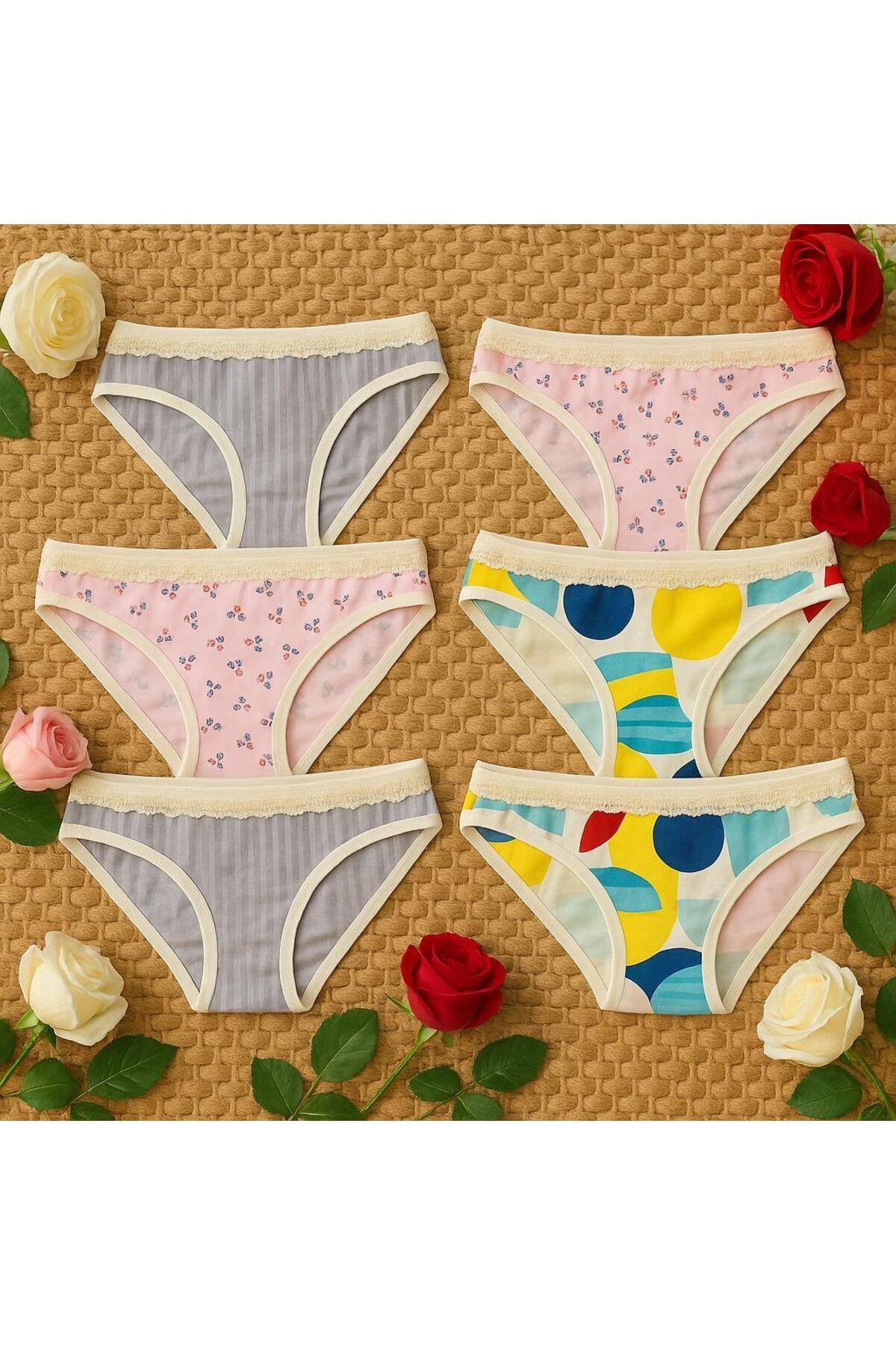 MODA 6'lı Karışık Desenli Kadın Slip Külot Seti – Çizgili, Çiçekli ve Renkli Puantiyeli