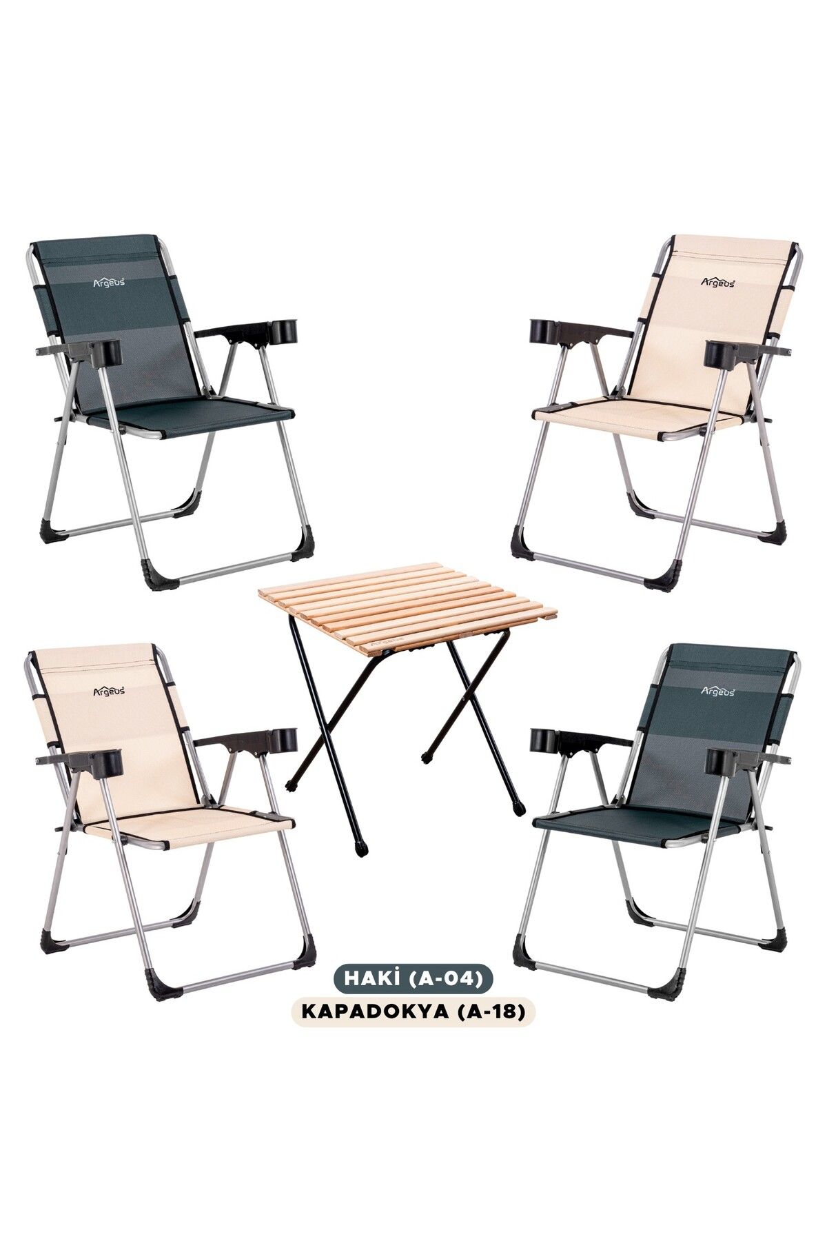 ARGEUS 4 Adet Katlanır Kamp Sandalyesi Ve Masa Seti - Rock - Haki / Kapadokya - Bardaklıklı - 140 Kg