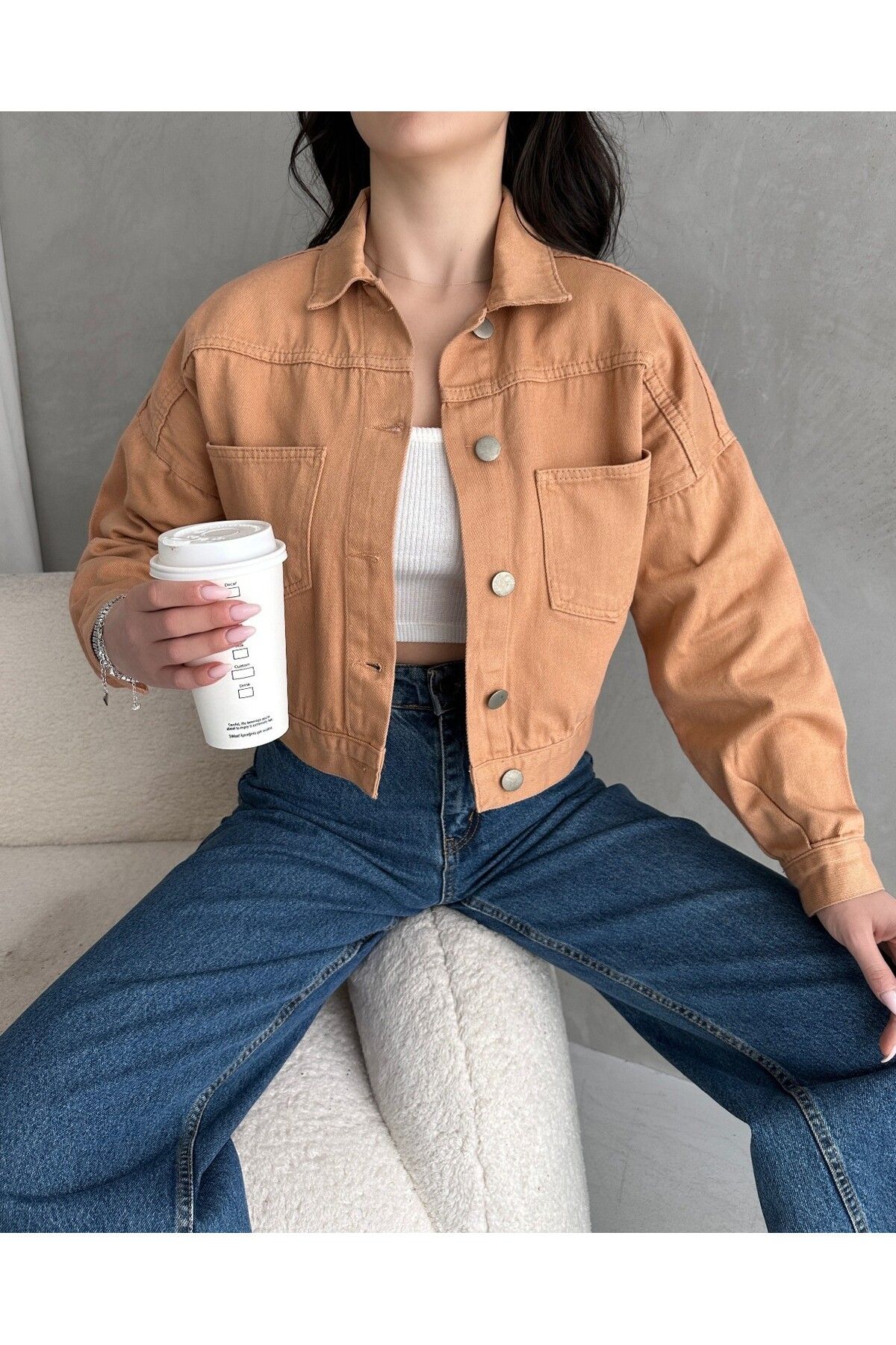 OEM Çift Cep Crop Denim Ceket
