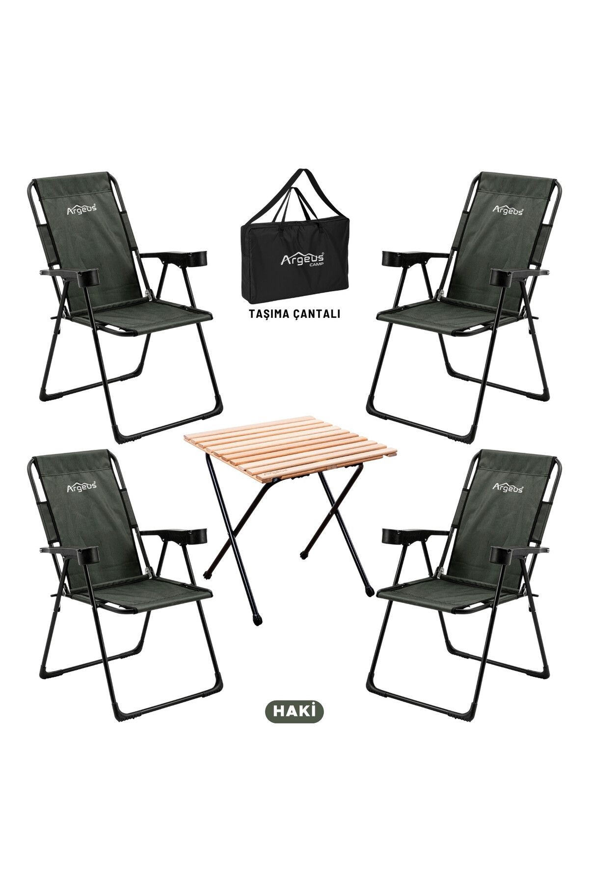 ARGEUS 4 Adet Katlanır Kamp Sandalyesi ve Masa Seti - Rest - Taşıma Çantalı - Haki - 130 KG Taşıma