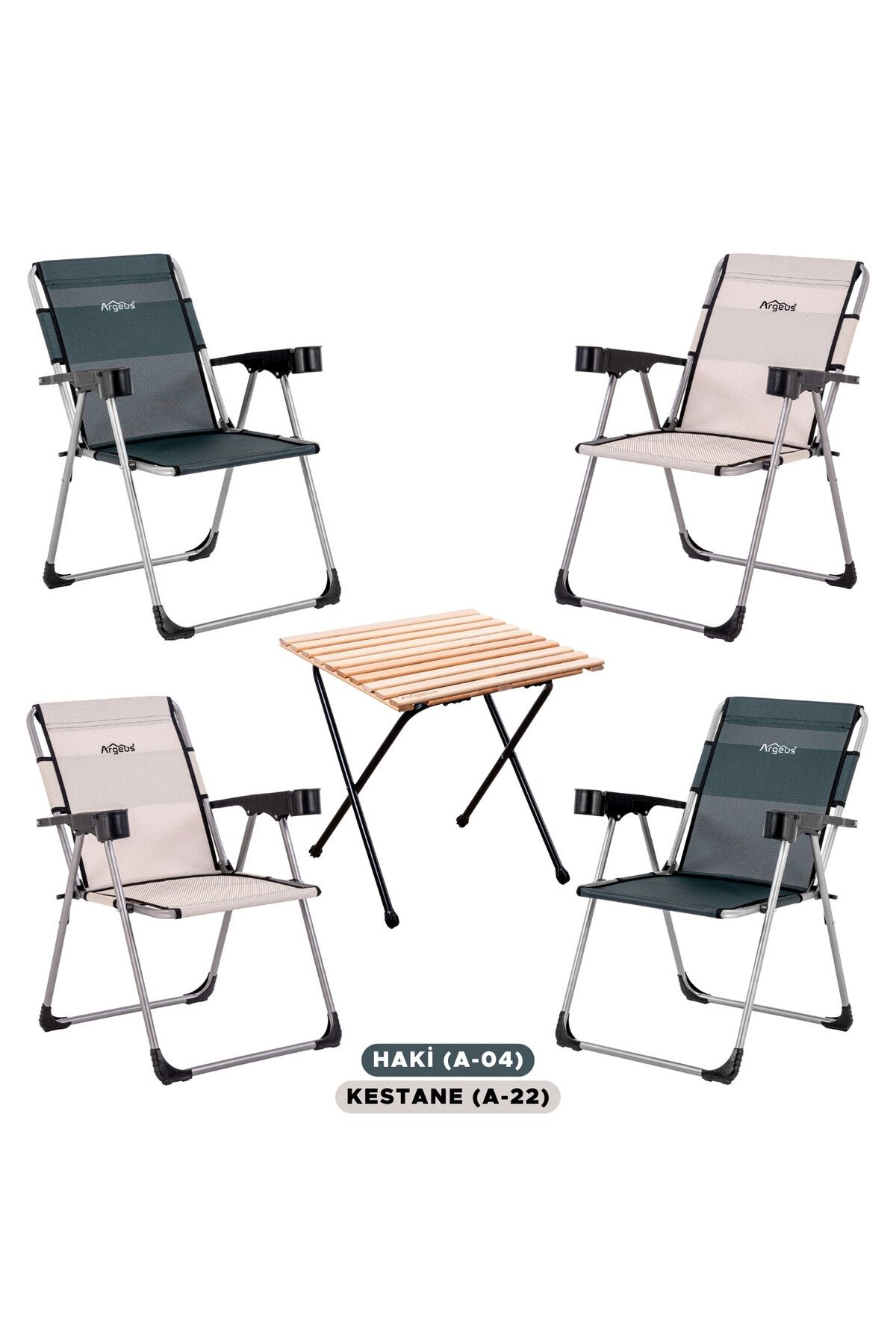 ARGEUS 4 Adet Katlanır Kamp Sandalyesi Ve Masa Seti - Rock - Haki / Kestane - Bardaklıklı - 140 Kg