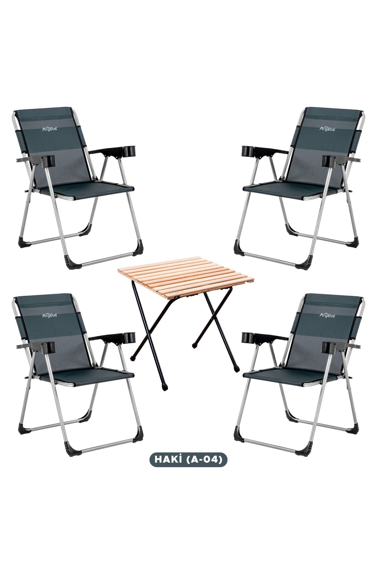 ARGEUS 4 Adet Katlanır Kamp Sandalyesi Ve Masa Seti - Rock - Haki - Bardaklıklı - 140 Kg