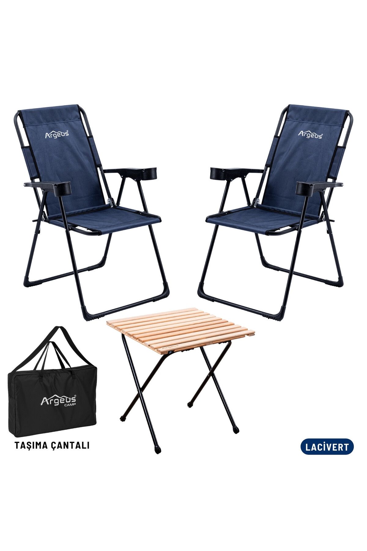 ARGEUS 2 Adet Katlanır Kamp Sandalyesi ve Masa Seti - Rest - Taşıma Çantalı - Lacivert - 130 KG Taşıma