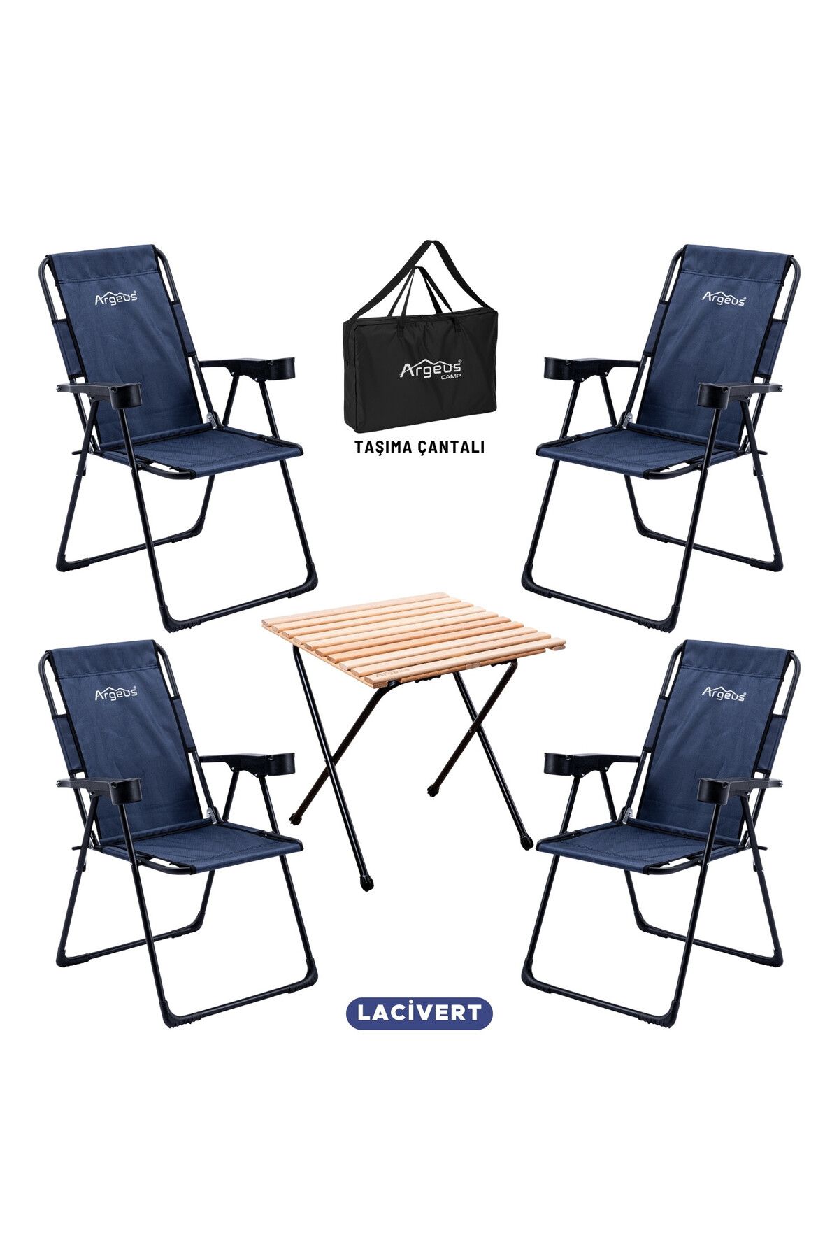 ARGEUS 4 Adet Katlanır Kamp Sandalyesi ve Masa Seti - Rest - Taşıma Çantalı - Lacivert - 130 KG Taşıma