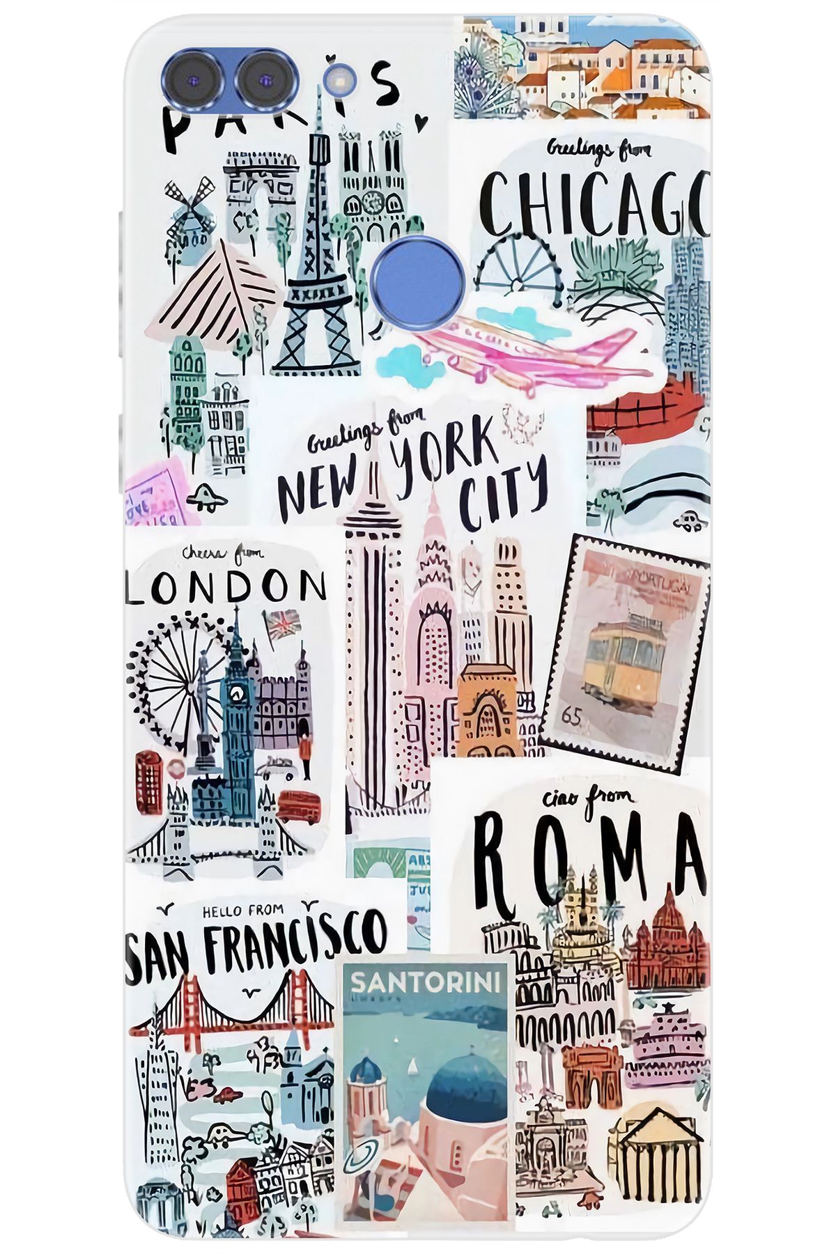 Ceppare Huawei Y9 2018 (FLA-LX1/LX2) Uyumlu Kılıf Desen Baskı Silikon Newyork Roma London STK:624 CP-TFFUaJb