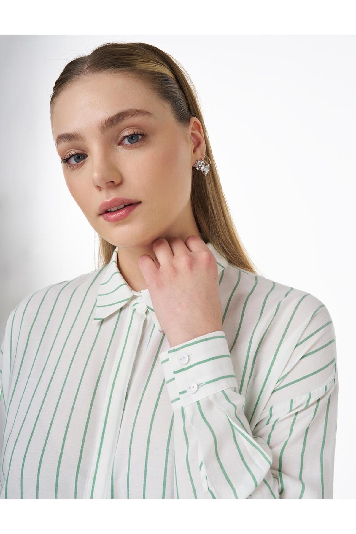 Kayra-Stripe Pattern Viscose Tunic Ecru 7
