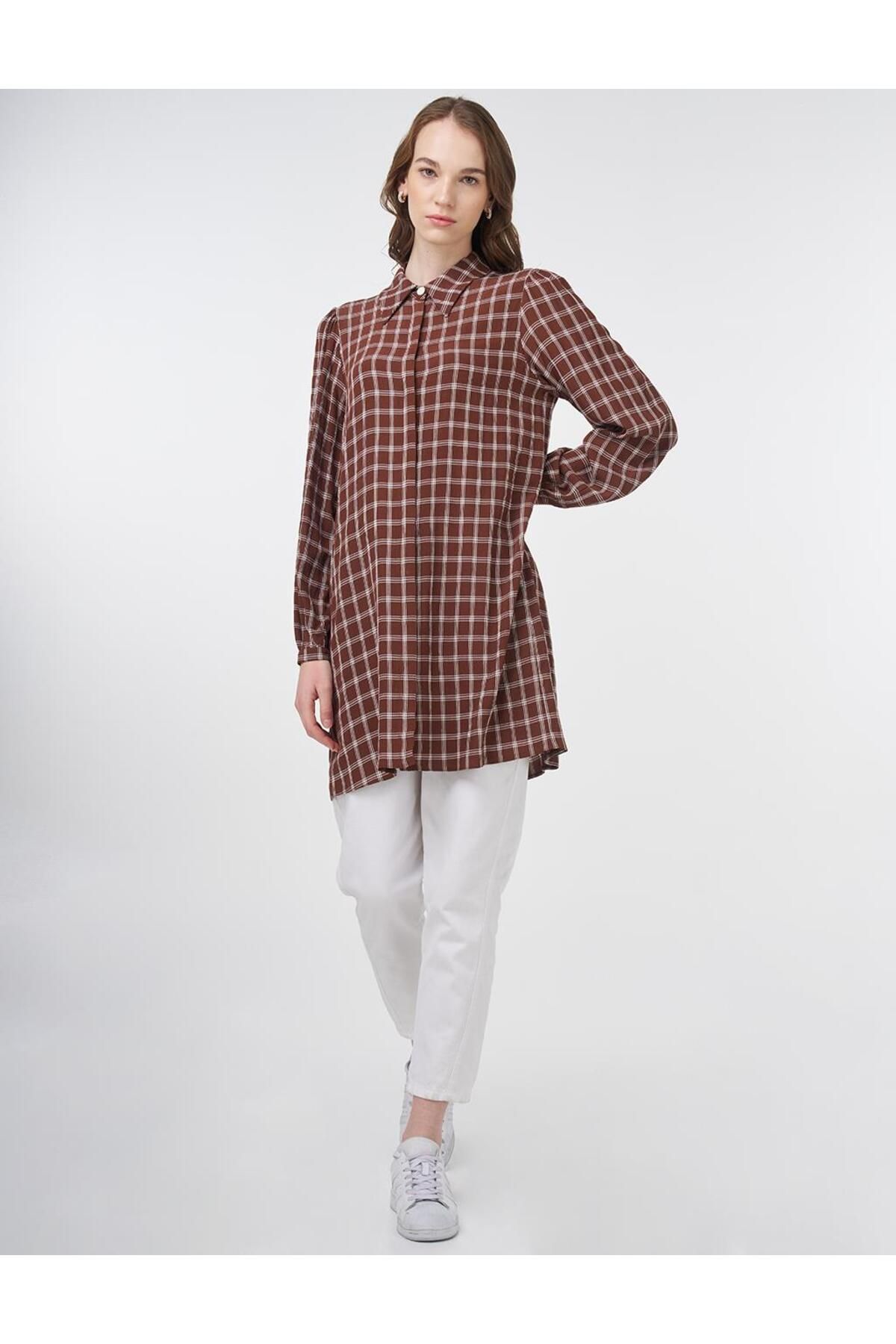 Kayra Ekoseli Basic Tunik Kahve