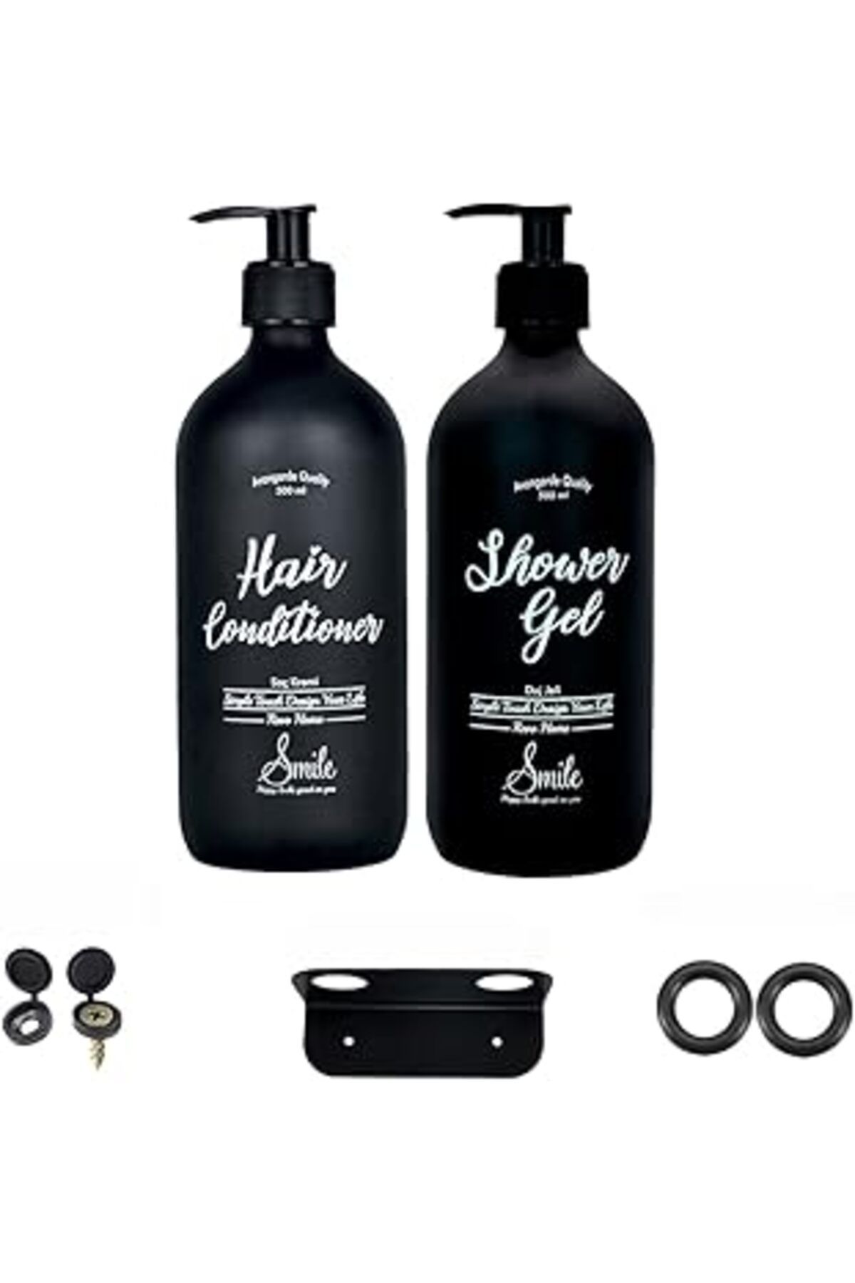karadağsb Revo Home Duvar Askı Aparatlı Siyah Cam Saç Kremi + Duş Jeli Şişesi – 500 Ml (Hair Conditioner + Sh