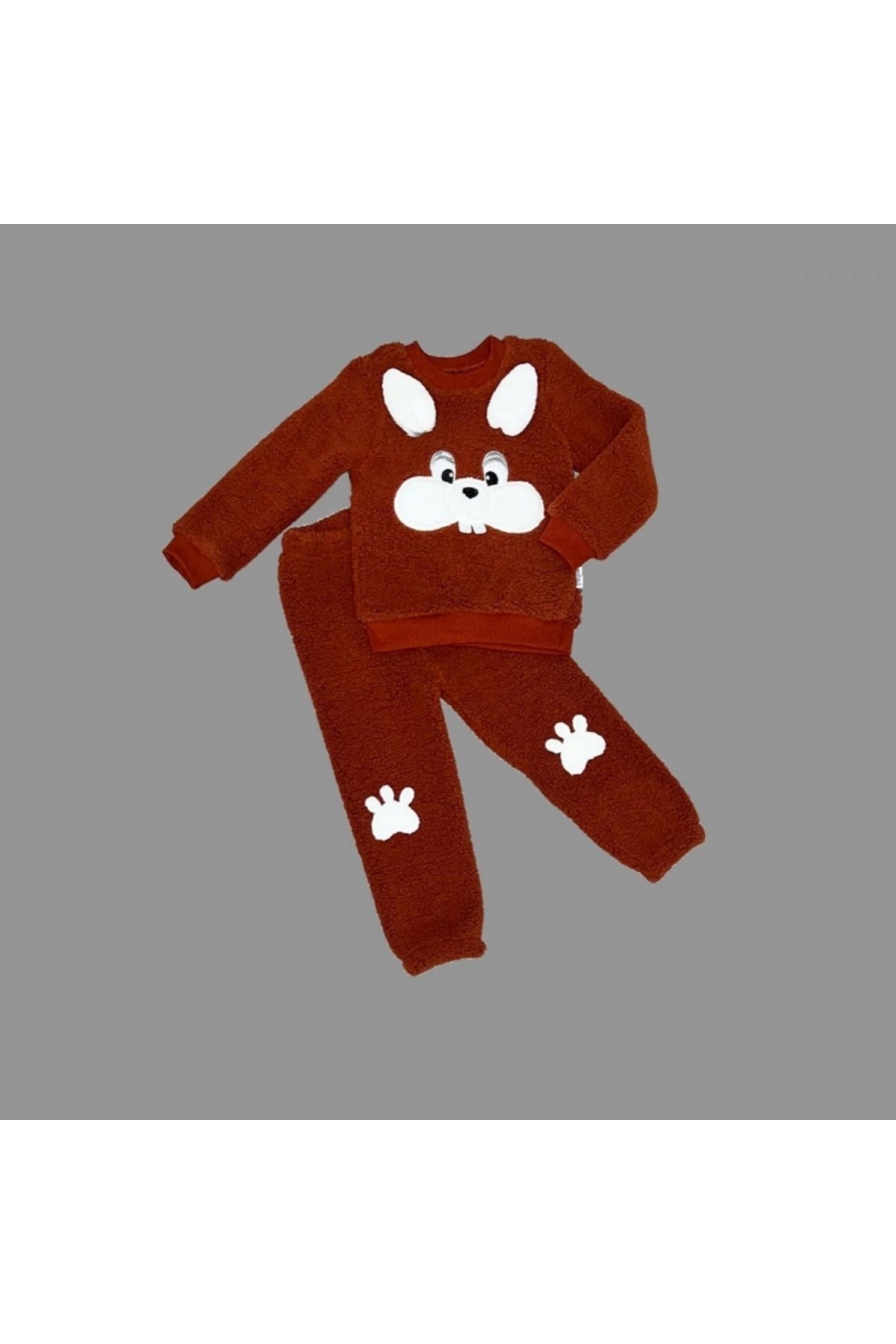 Diji Baby 1-2-3 Yaş Kulaklı Tavşan Figürlü Kuzu Kumaş Sweat Pantolon Uzun Kollu Kız Erkek 2 Li Takımı