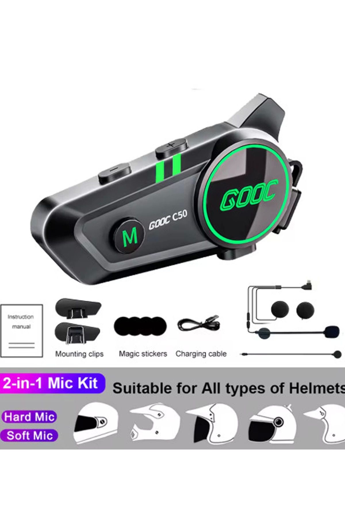 AOTS C50 2x Motosiklet Intercom Kask Kulaklık 1500 Mah Rgb Işıklı Çift Eşleşme