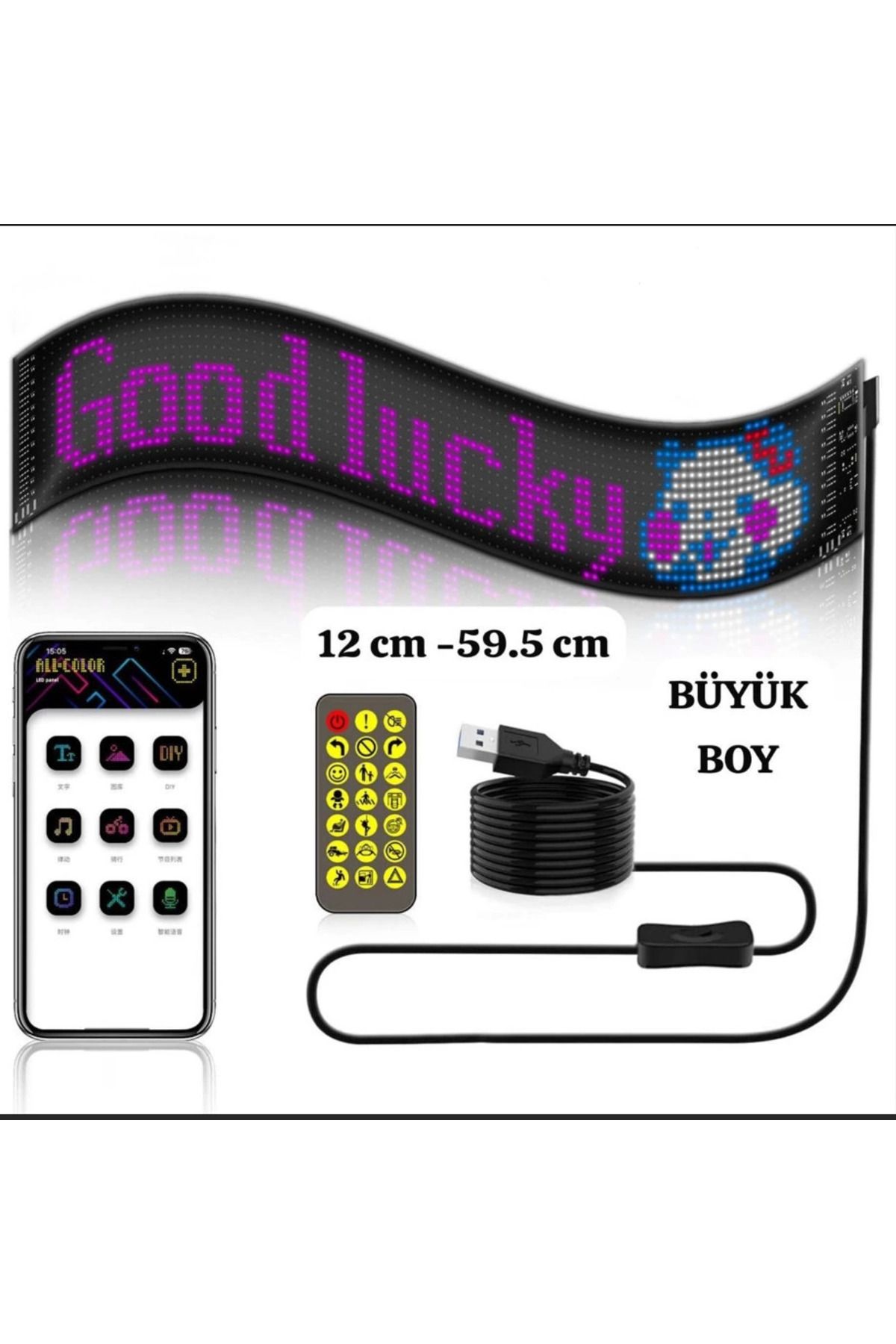 Evinso Led Ekran Matrix Panel Cama Yapışan Büyük Boy 16X96 Led Sayısı Araba Yazısı 12Cm-59.5Cm