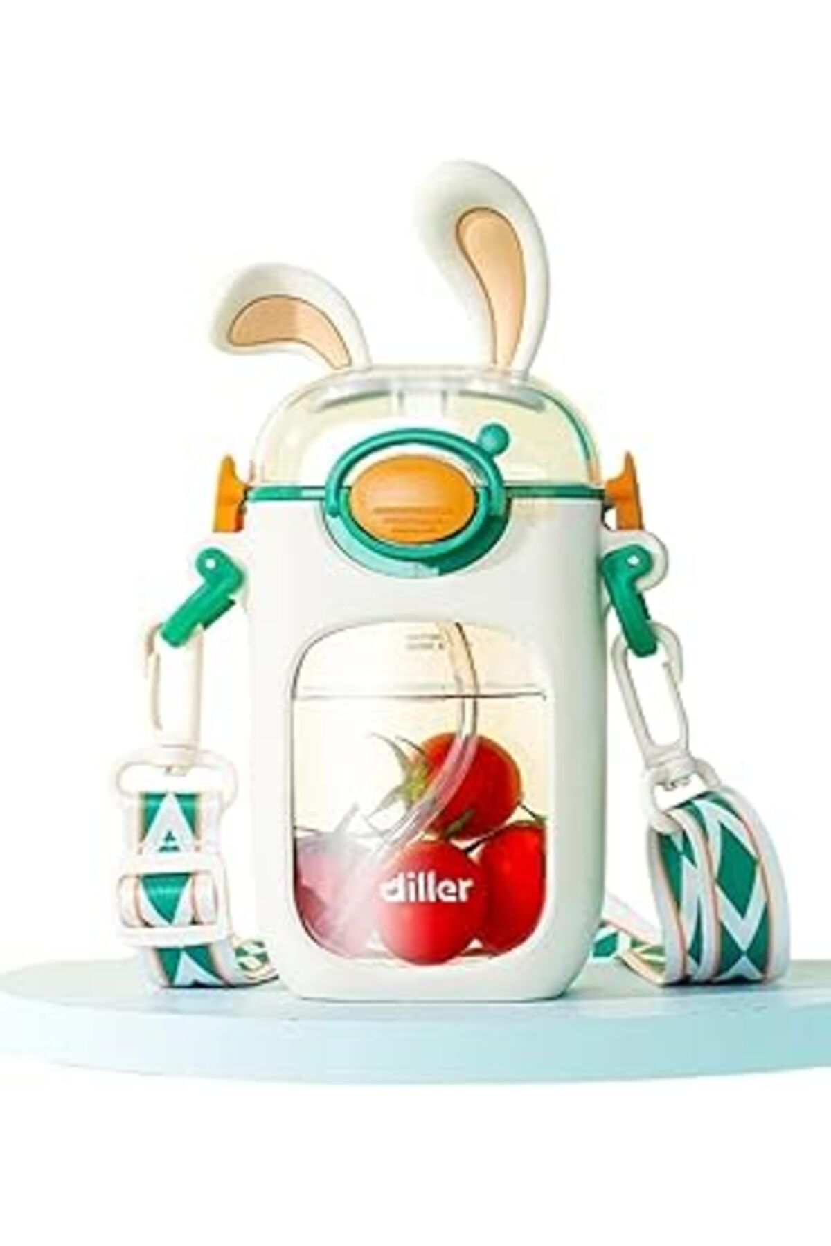 karadağsb Diller 400Ml Sevimli Tavşanlar Kulaklı Askılı Pipetli Tritan Çocuk Su Matarası (Beyaz)
