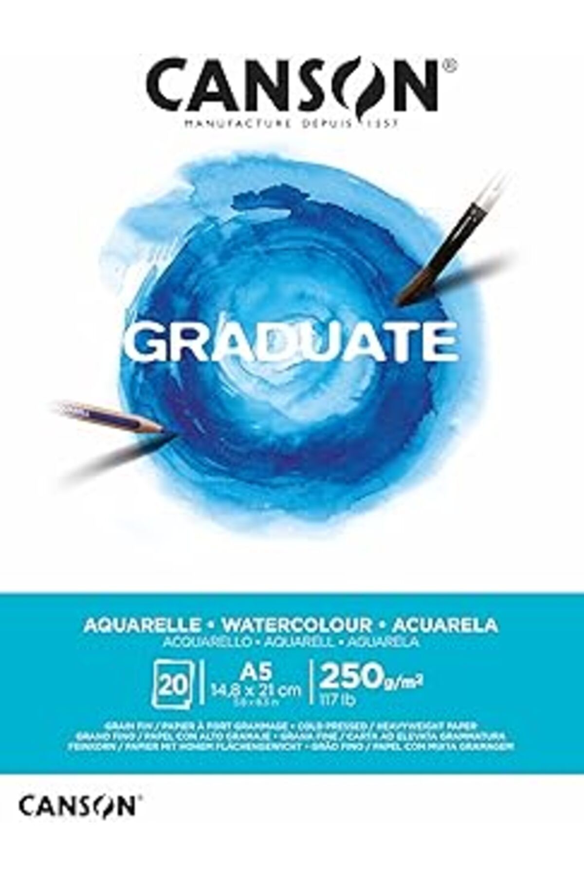 Mu Art Ahşap Canson Mezun Suluboya 250 Gsm A5 Kağıt, Soğuk Preslenmiş, Tampon Yapıştırılmış Kısa Taraf, 20 Doğal
