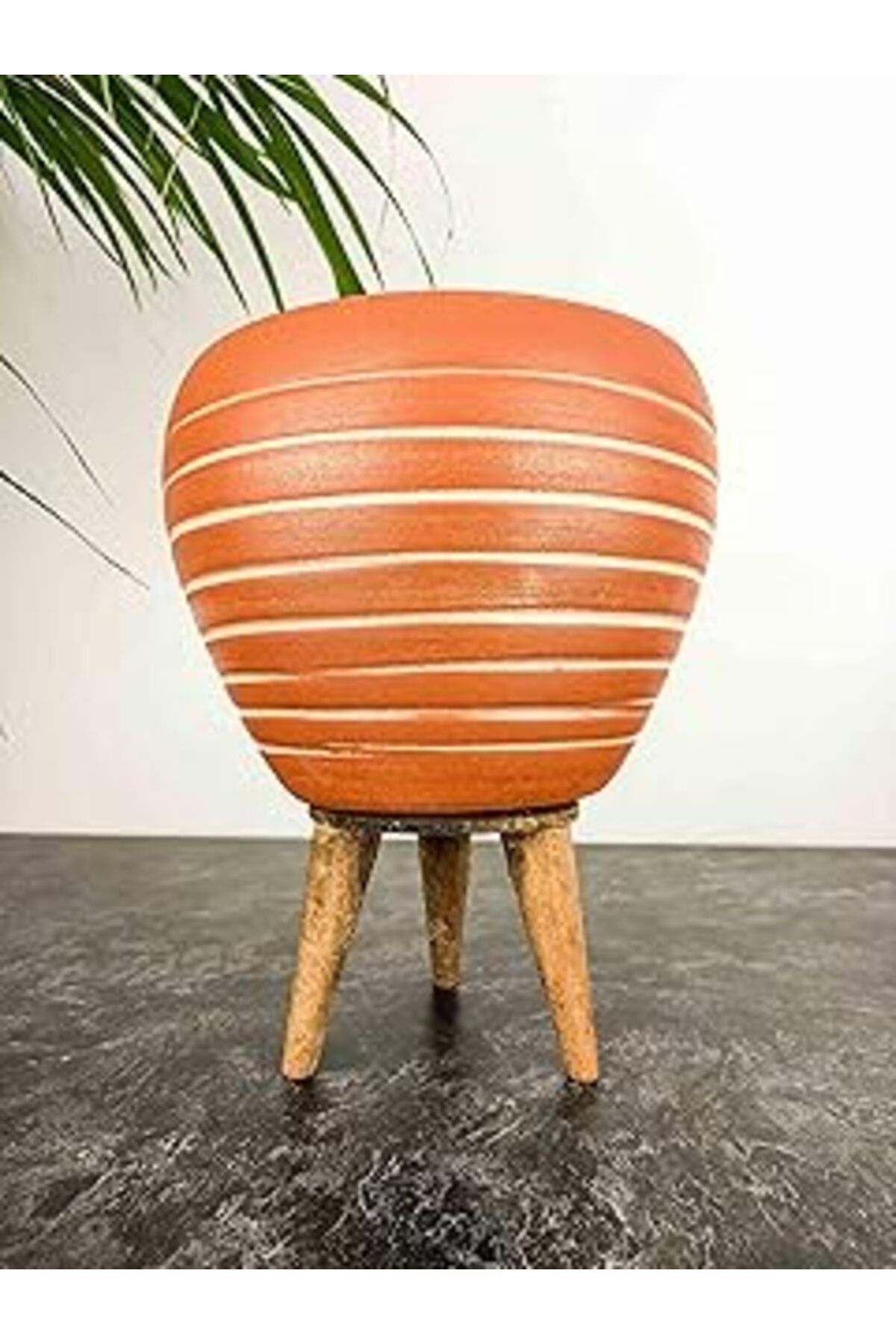 Mu Art Ahşap Bitkitasarımı Bitki Tasarimi Doğal Beyaz Yan Çizgi Desen Terrakota Toprak Saksi 3 Ayakli 15 Cm