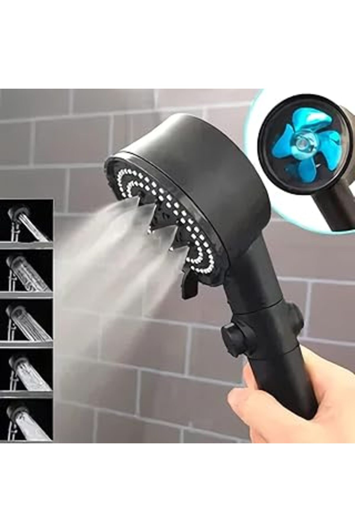 Pazarcan Jouis Duş Başliği Turbo Fan 5 Fonksiyonlu Duş Başlığı El Duşu Handshower, Siyah 1.Sınıf Kaliteli