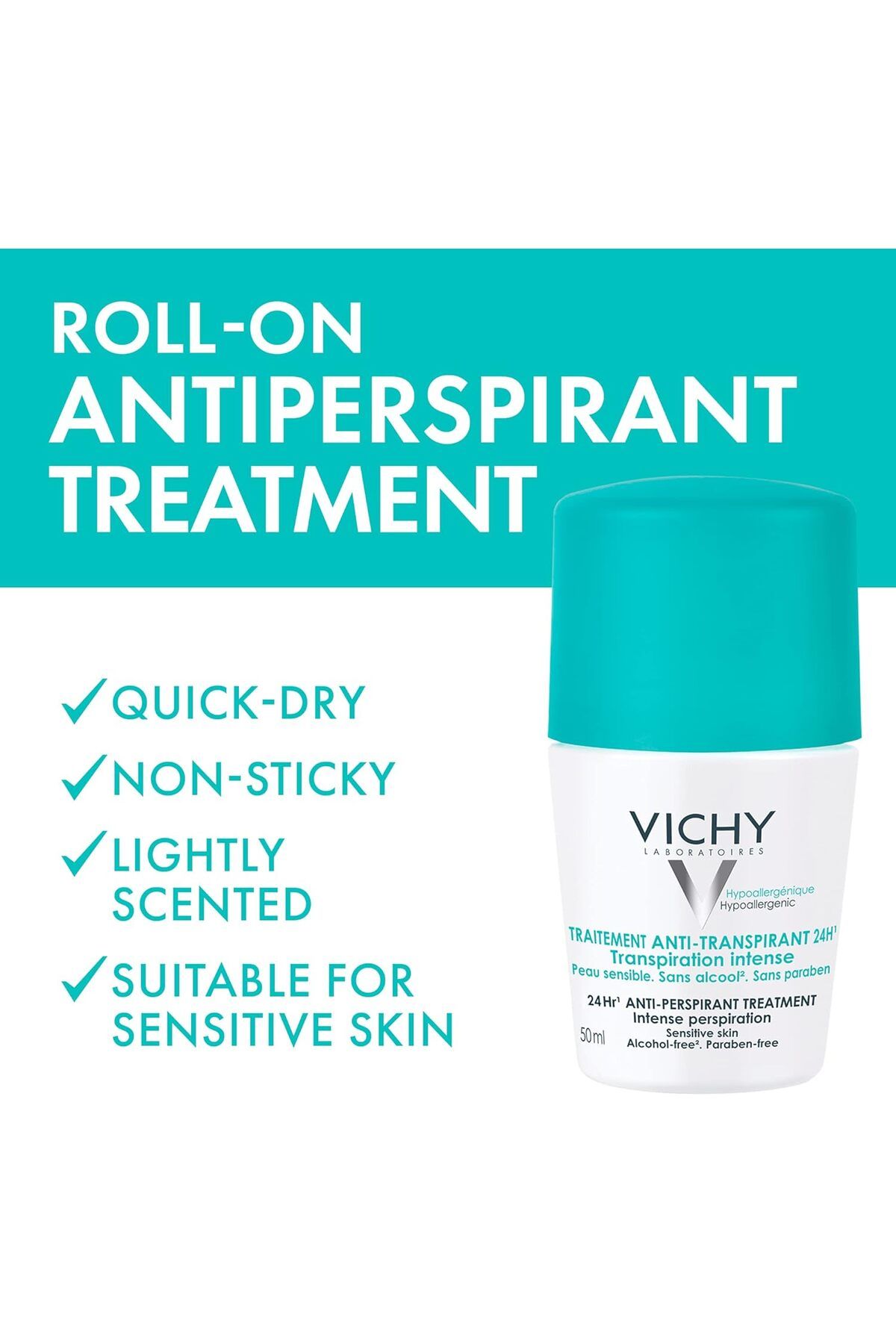 Vichy-Roll-On Deodorant Sensitive, 48 Hours, 50ml (Green), Refreshing 5
