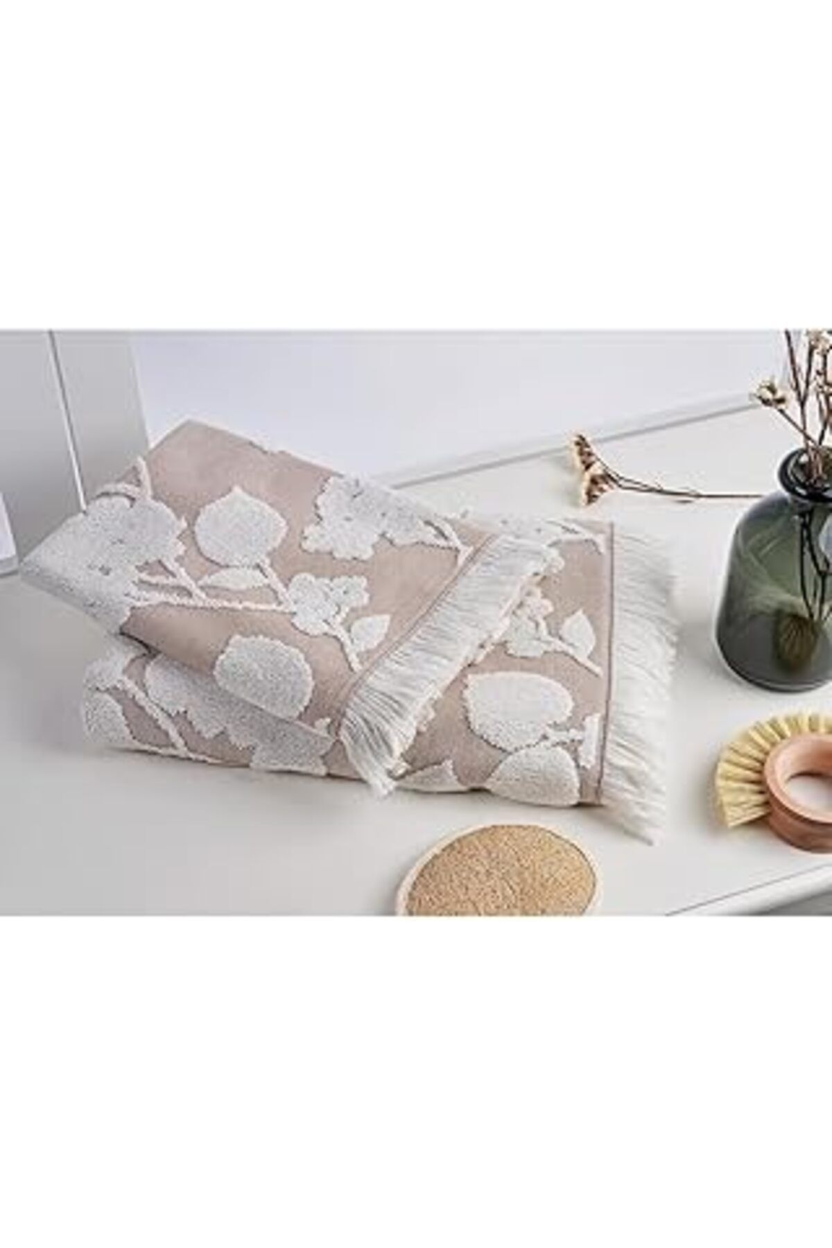 NZM TİCARET Marie Claire 2'Li Havlu Set Indentern Jakarlı Vera Bej