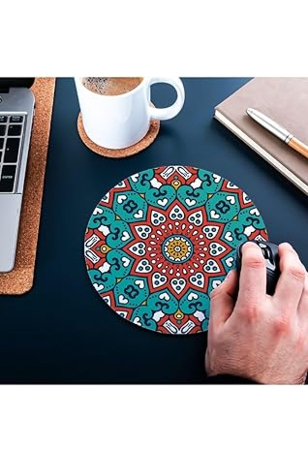 Mu Art Ahşap Hediyesepeti Renkli Mandala Tasarımlı Yuvarlak Mouse Pad - Mousepad - Mouse Pad - Fare Altlığı