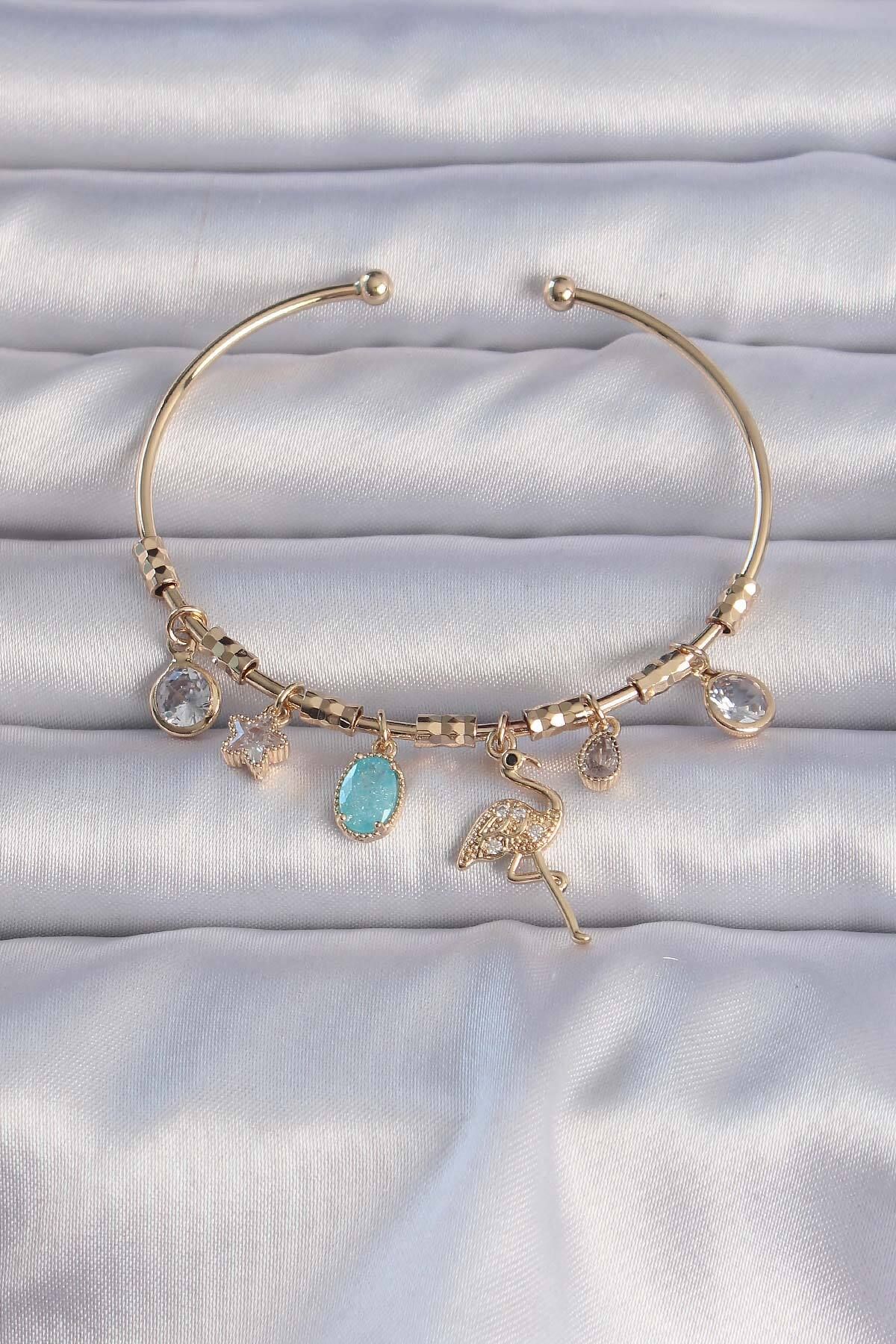 ZAGA Prime Pirinç Altın Renk Zirkon Taşlı Flamingo Figürlü Charm Bileklik