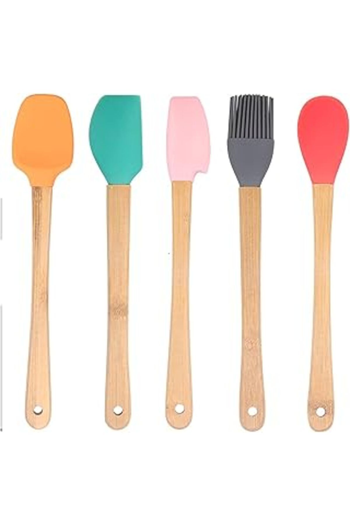 Pazarcan Promosyonca Silikon Spatula Ve Fırça Seti, 5 Parça, Karışık Renkli, Bambu Saplı