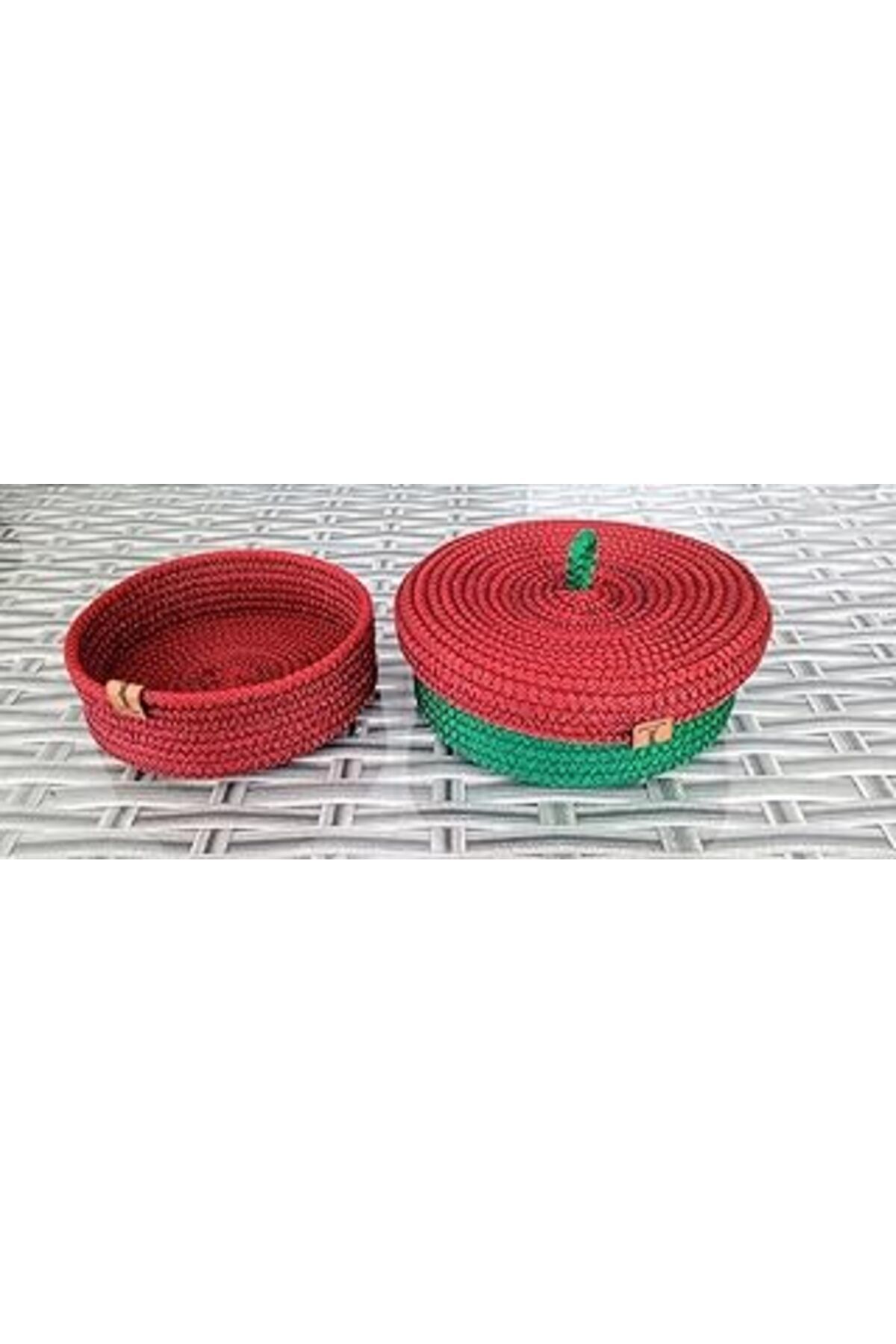 karadağsb 3 Parça Kapakli Hasir Sepet 20Cm Yuvarlak Bordo&Yeşil Ev Banyo Örme Havlu Düzenleyici Organizer