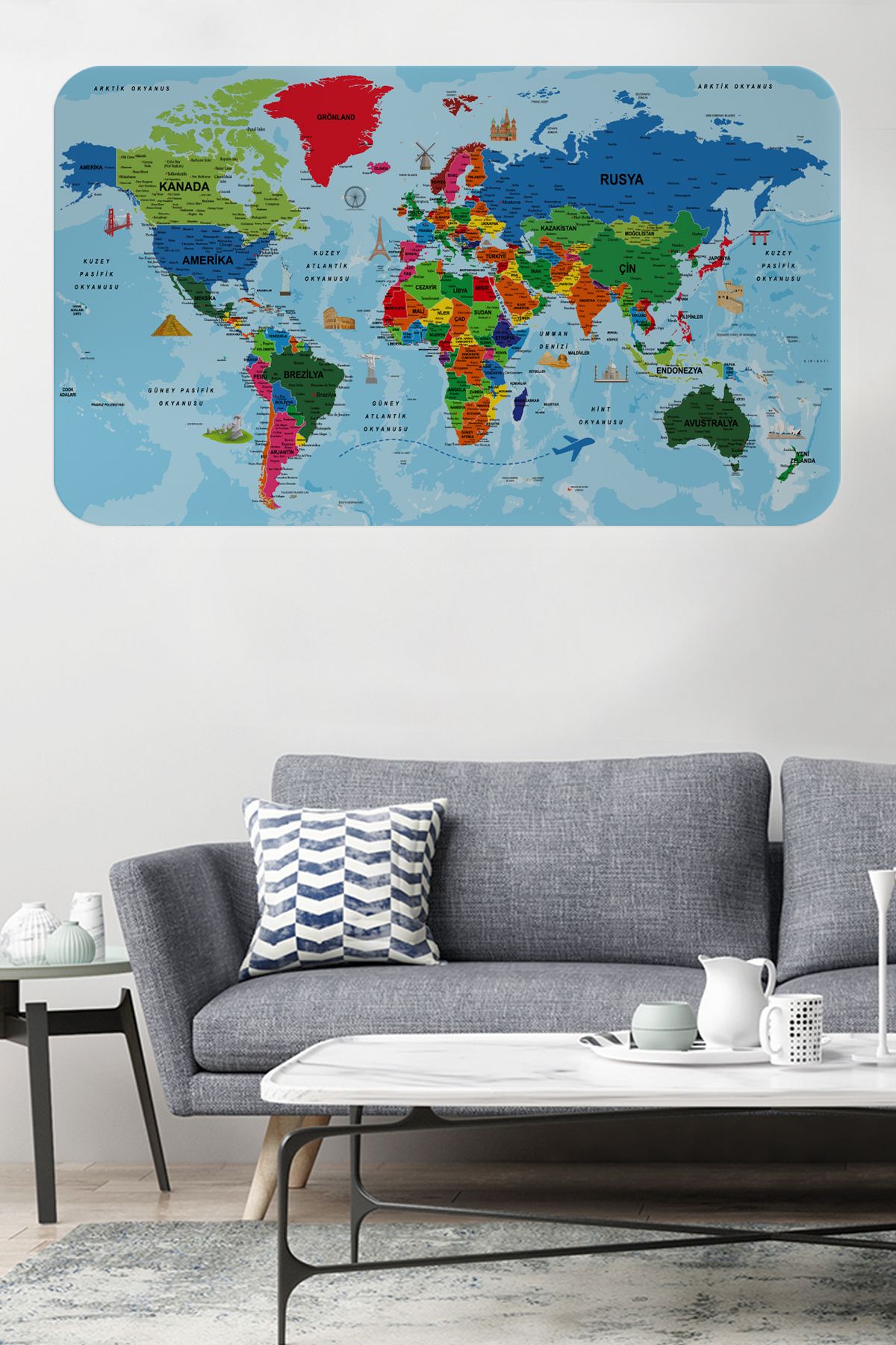 Haye Collection Türkçe Eğitici Ülke ve Başkent Okyanus Detaylı Atlası Dünya Haritası Duvar Sticker -60x105-3866