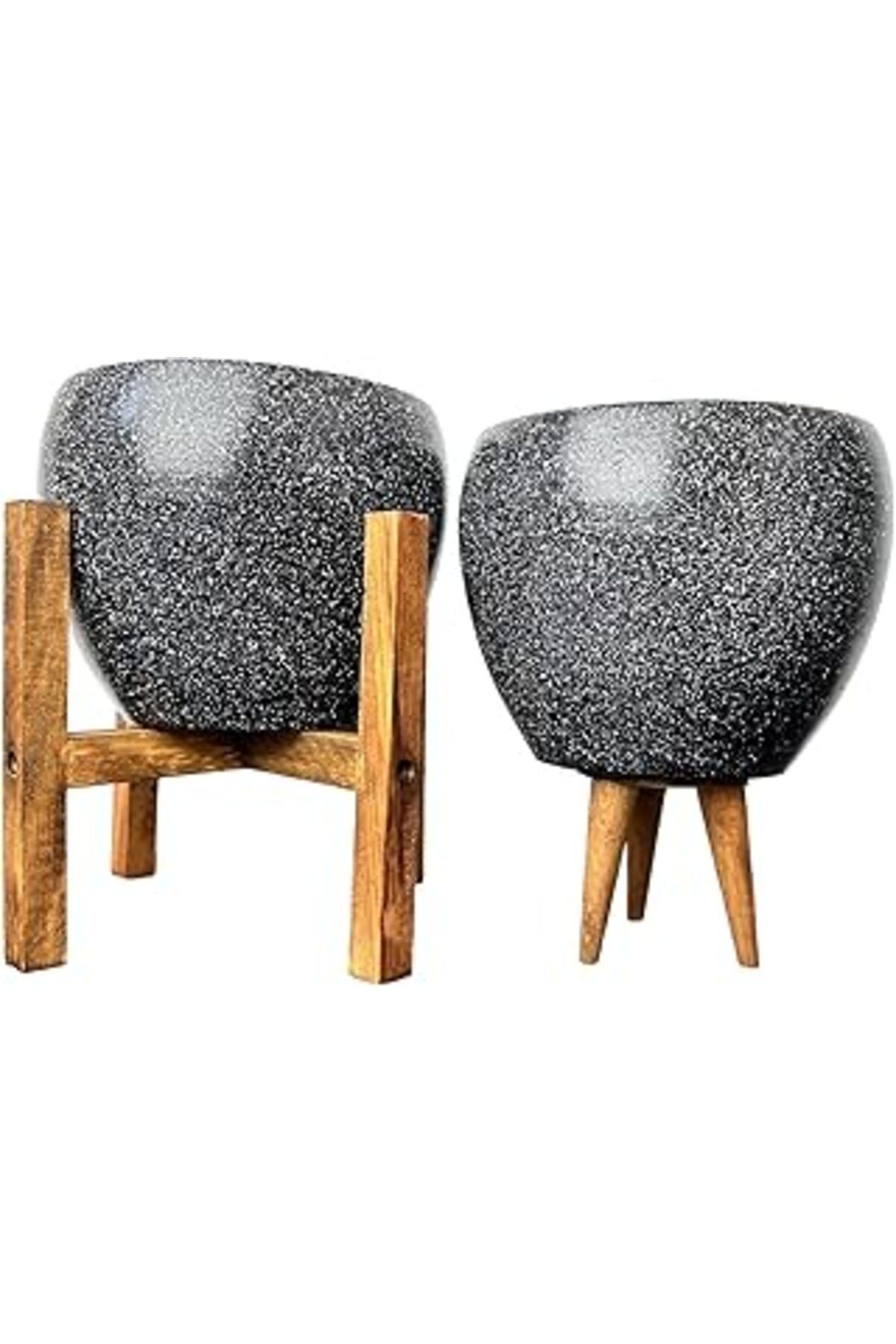 Mu Art Ahşap Bitki Tasarımı Ev Dekorasyon Siyah Granit Toprak Saksı Saksılık Salon Çiçeklik İkili Set 3 Ayaklı-