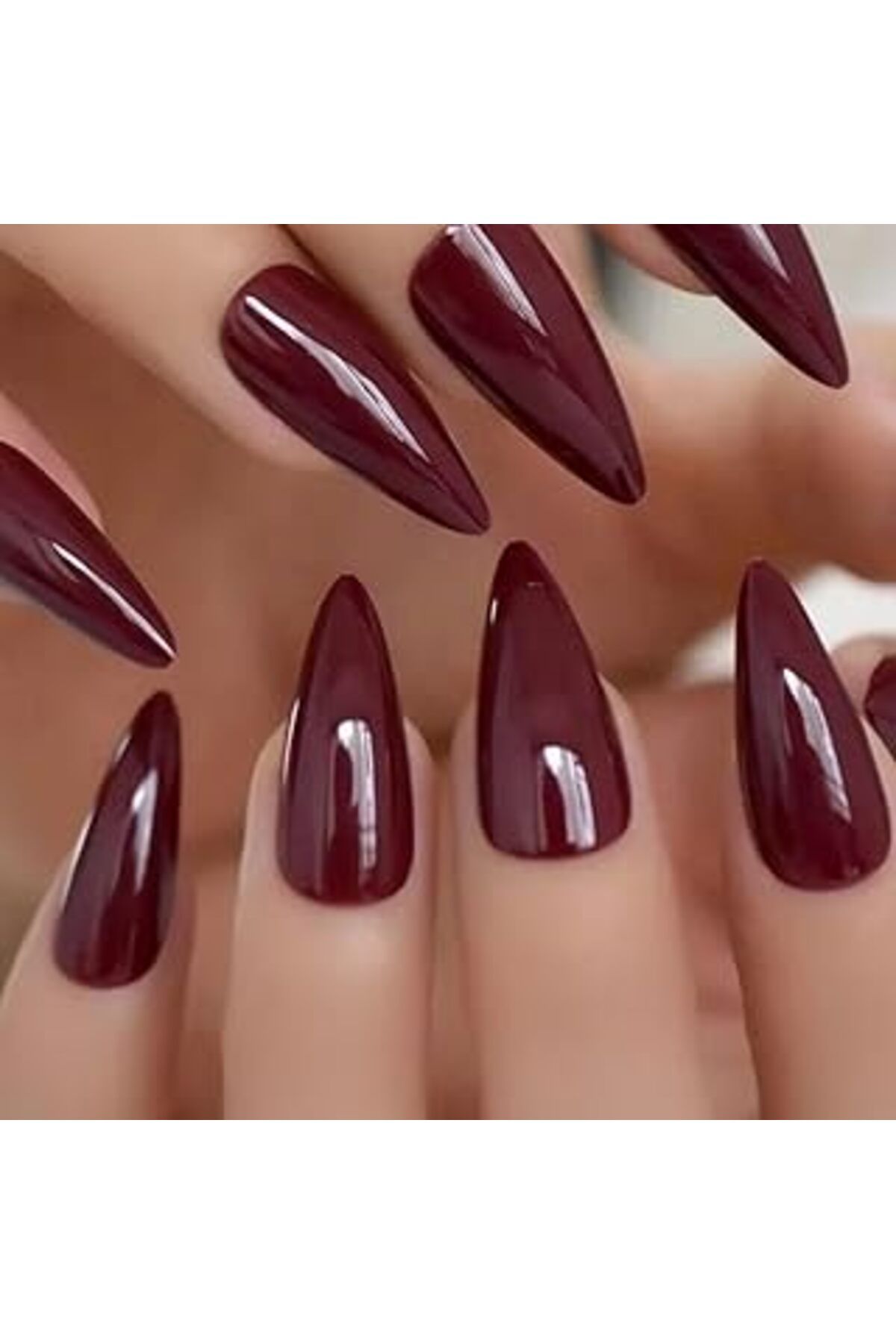 Pazarcan 100'Lü Stiletto Takma Tırnak, Bordo Kırmızı Parlak Kaplama Tırnak Seti, 100 Parça Set