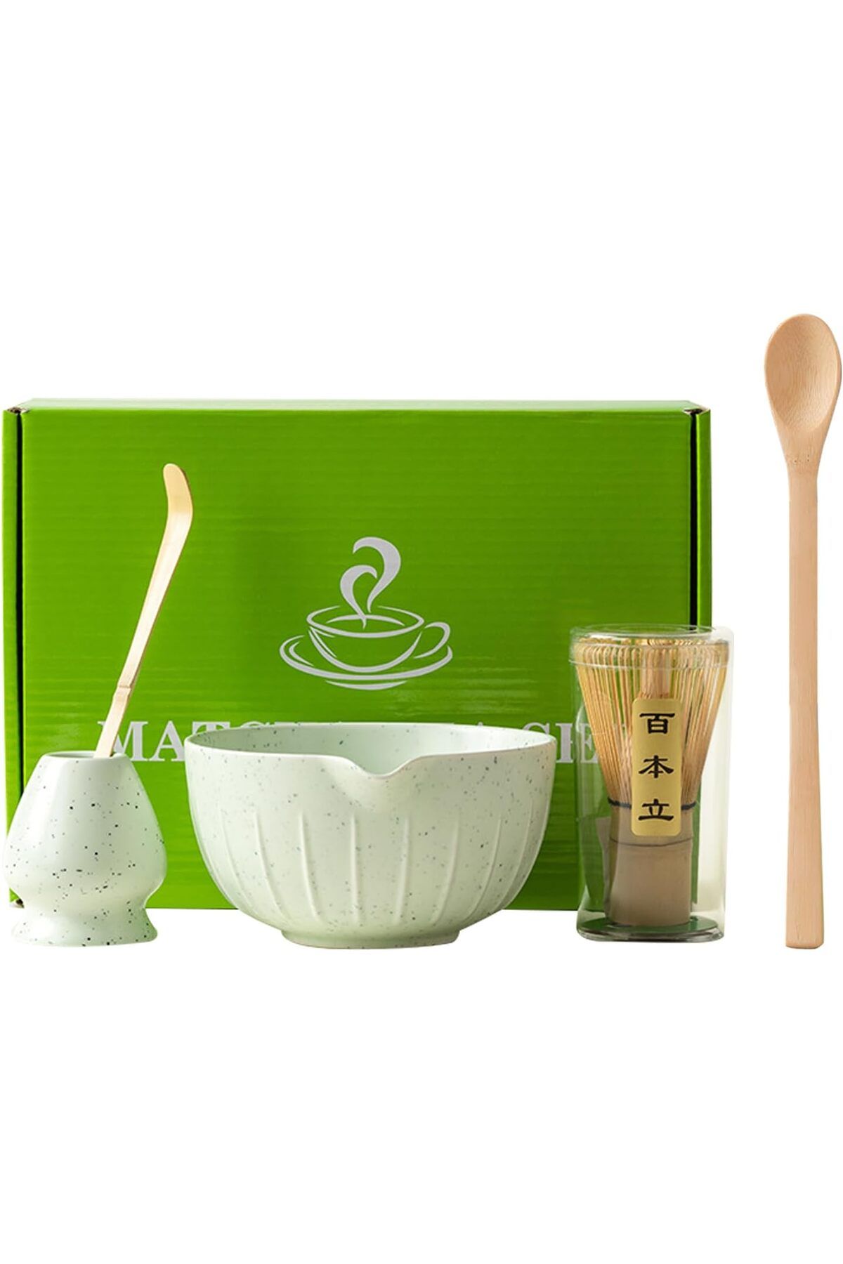 NWVUOP 5'li Matcha Çay Seti, Bambu Süpürge, Kaşık, Kürek ve Seramik Kase ile