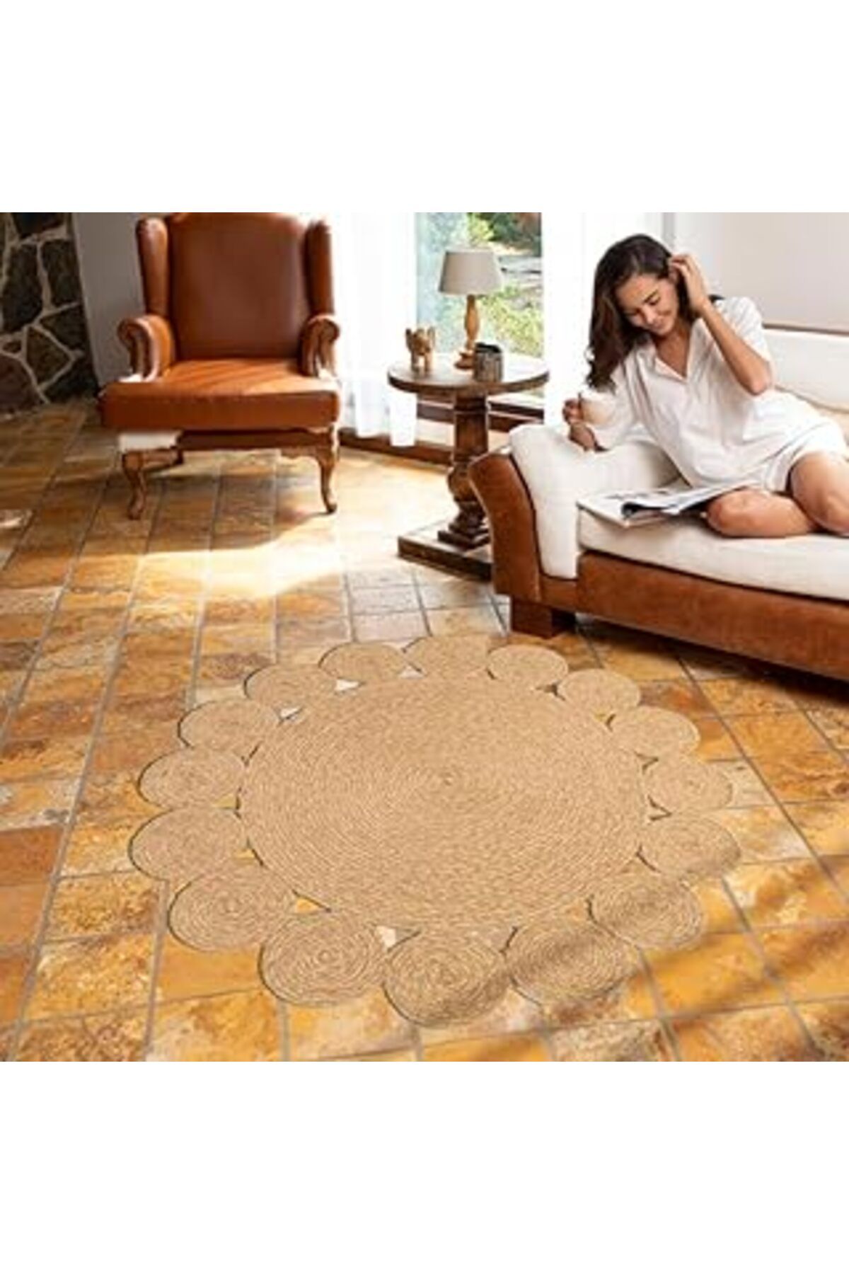 Pazarcan English Home Ring Dekoratif Jüt Kilim Naturel