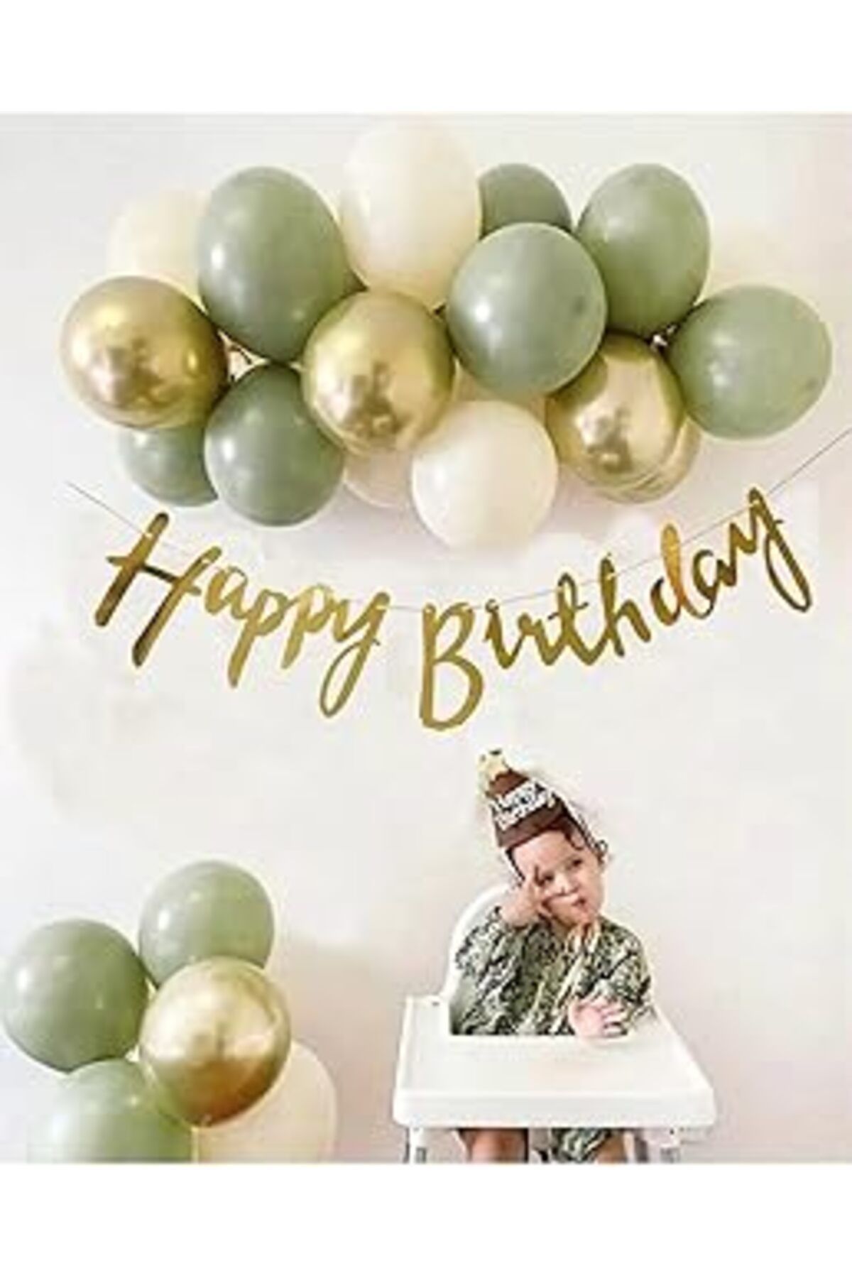 karadağsb Bkmc 7 Küf Yeşili 3 Krom Gold 3 Kum Rengi Pastel Balon Gold Happy Birthday Banner Mini Zincir Balon