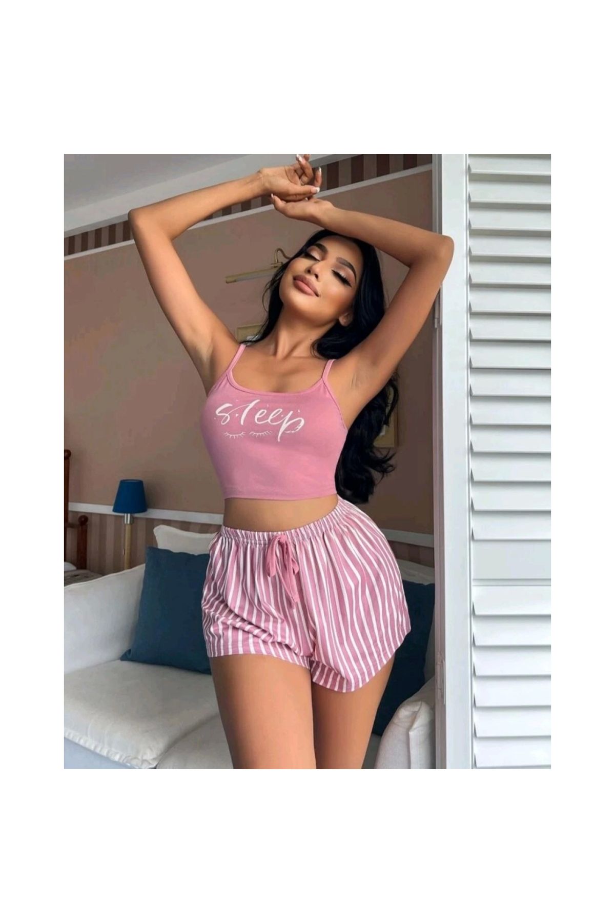 Marsilyan Kadın pembe çizgili desen Askılı Şortlu Pijama Takım
