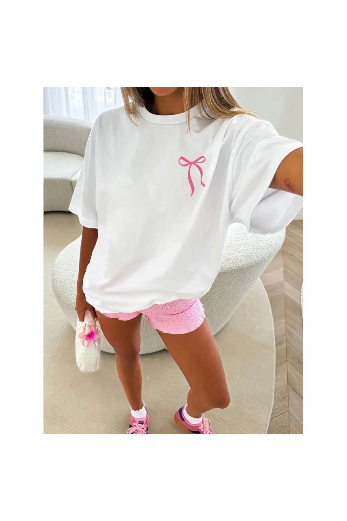 Marsilyan - Fiyonk Baskılı Oversize Bisiklet Yaka Tshirt