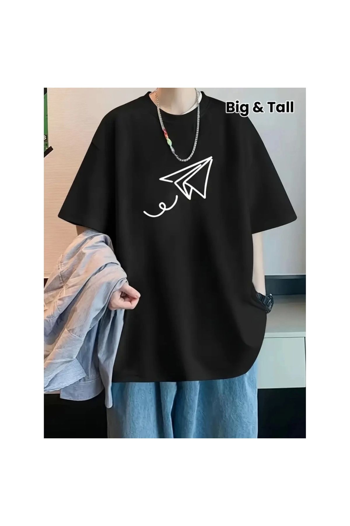 Marsilyan - Baskılı Oversize Bisiklet Yaka Tshirt