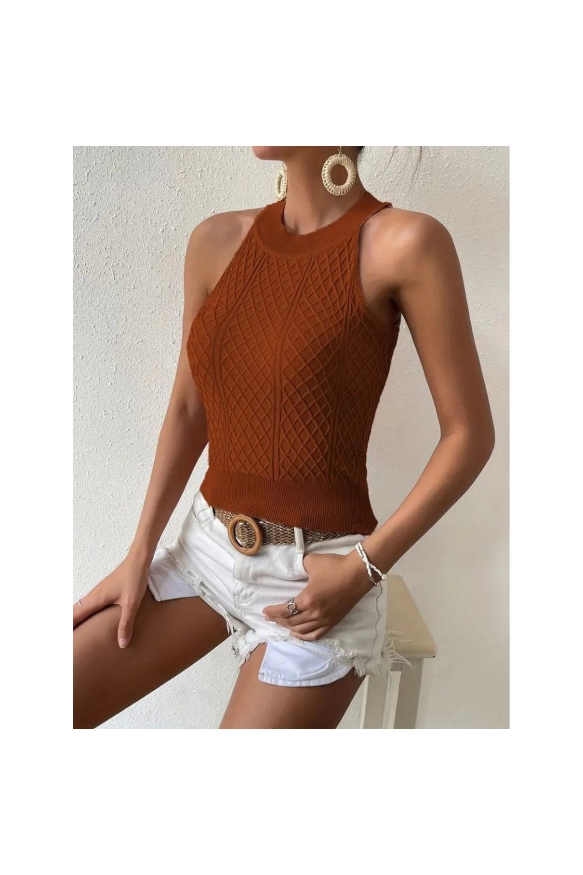 Marsilyan - Kadın Kolsuz Halter Yaka Mini Baklava Desenli Triko Bluz