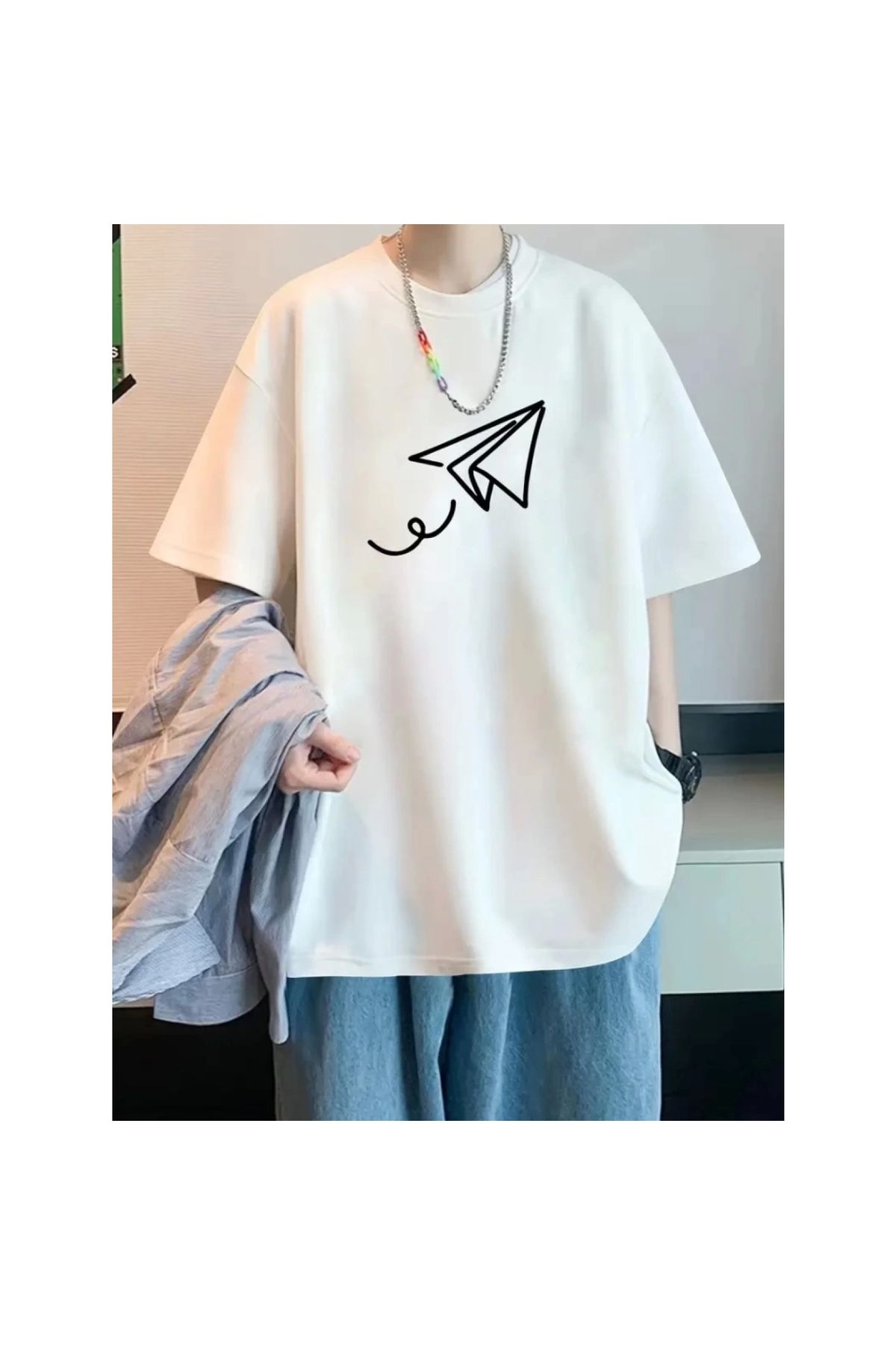 Marsilyan - Baskılı Oversize Bisiklet Yaka Tshirt