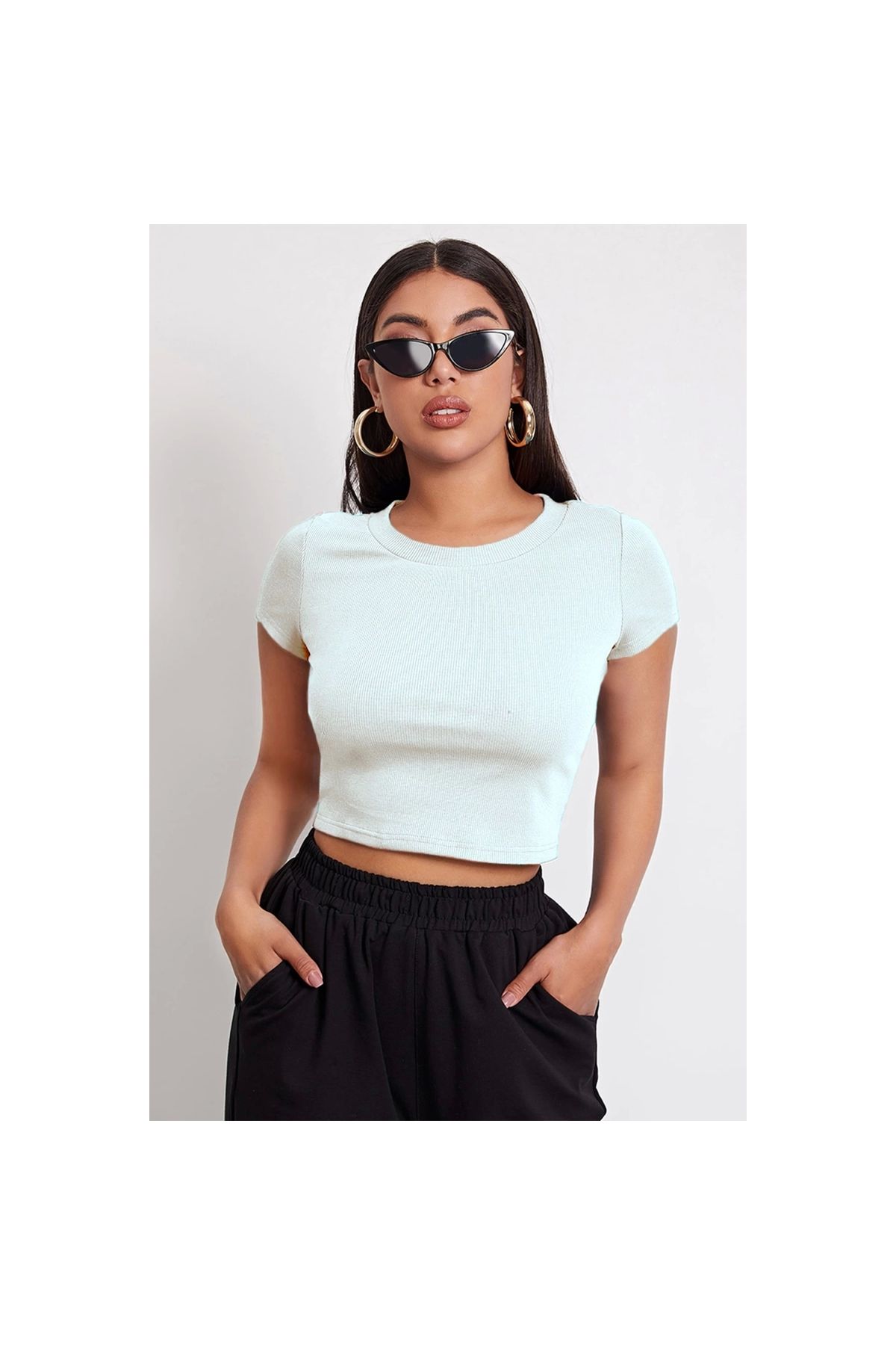 Marsilyan - Kadın Beyaz Yuvarlak Yaka Yarım Kol Crop Top Bluz