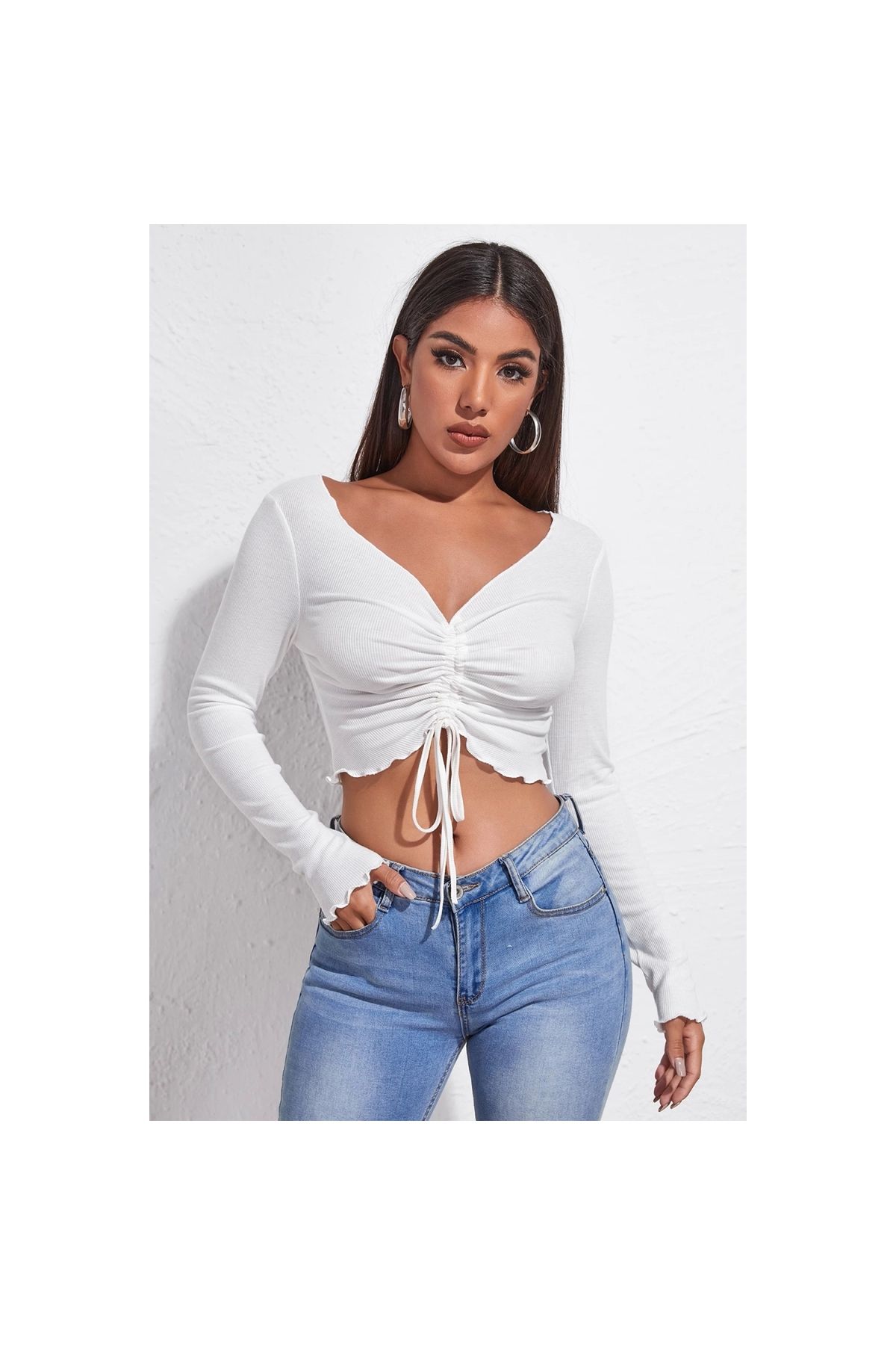 Marsilyan - Kadın Beyaz Uzun Kollu Büzdürme Bağcık Detaylı Crop Top Bluz